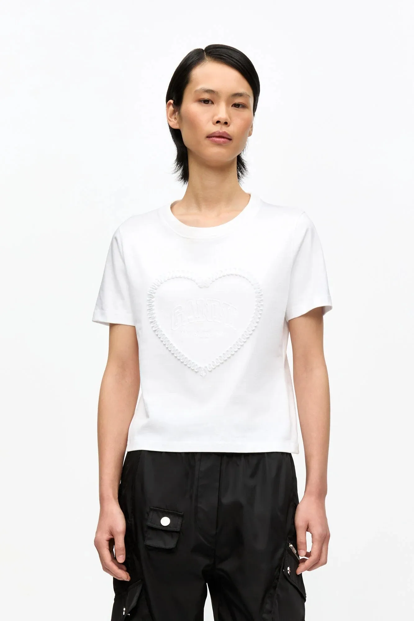 Yarn Dyed Fabric White Heavy Cotton Heart T-Shirt