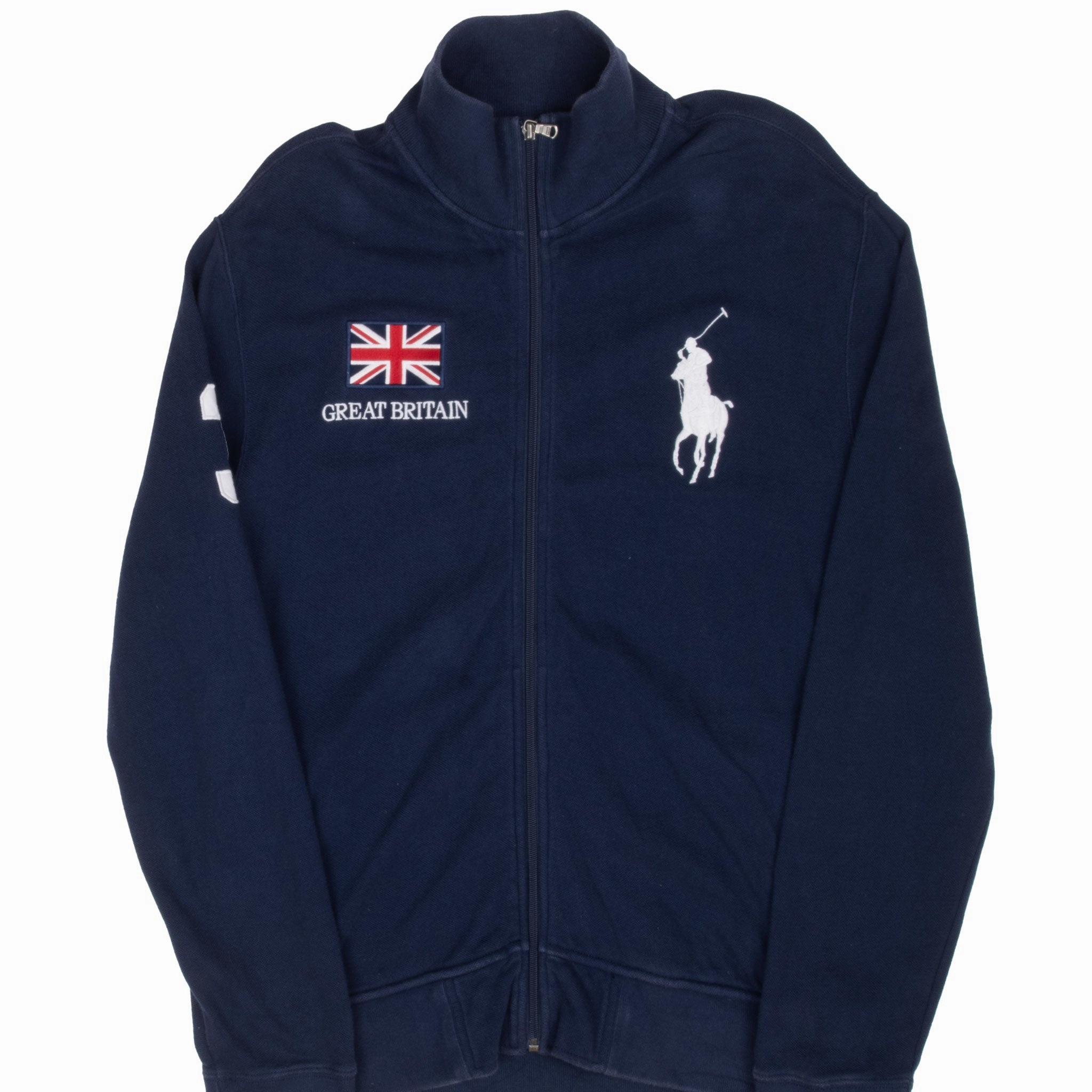 easy to pair VINTAGE RALPH LAUREN GREAT BRITAIN ZIP UP BLUE SWEATSHIRT 1990S LARGE