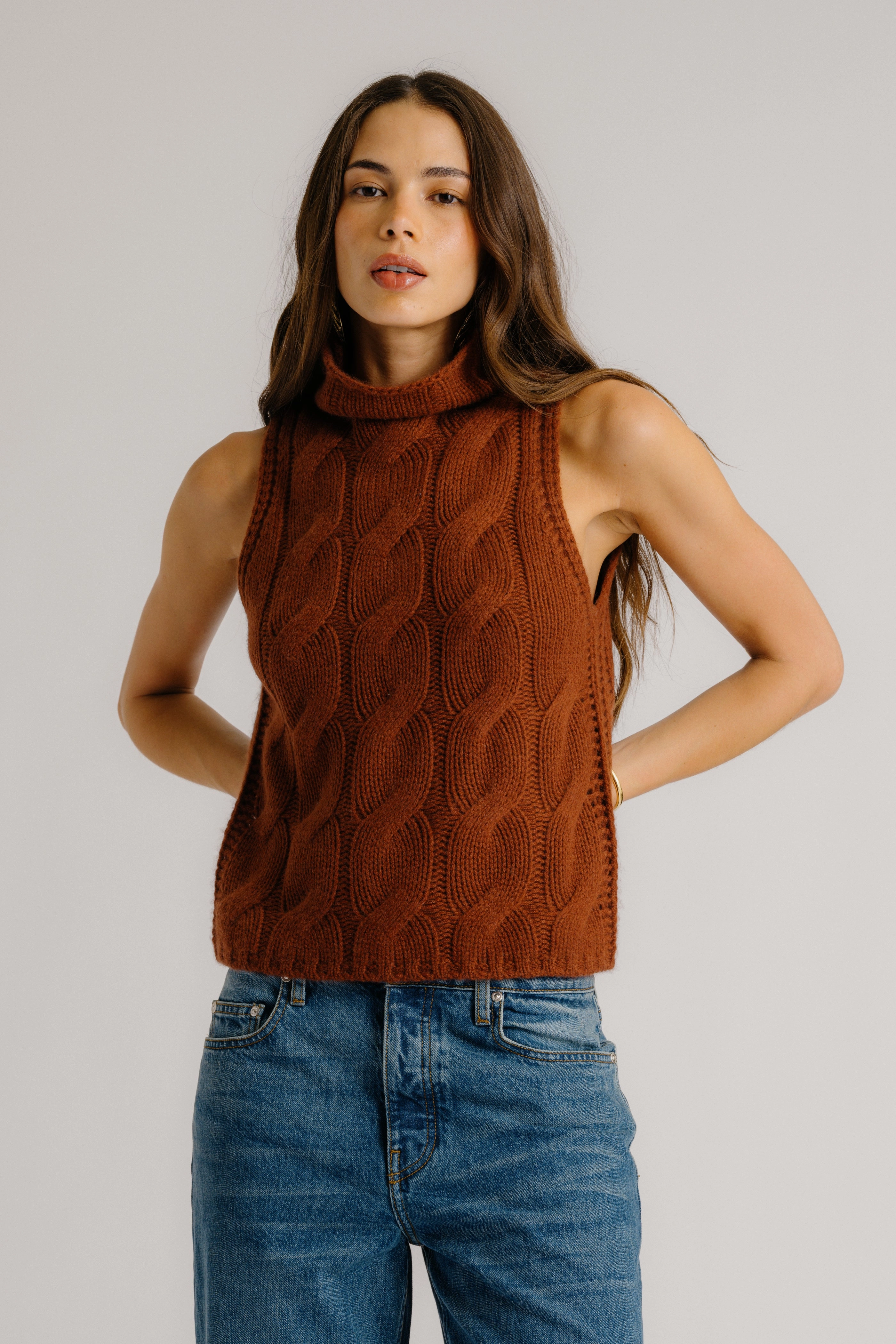 simple design SALVIA SLEEVELESS CASHMERE CABLE TURTLENECK | MAHOGANY