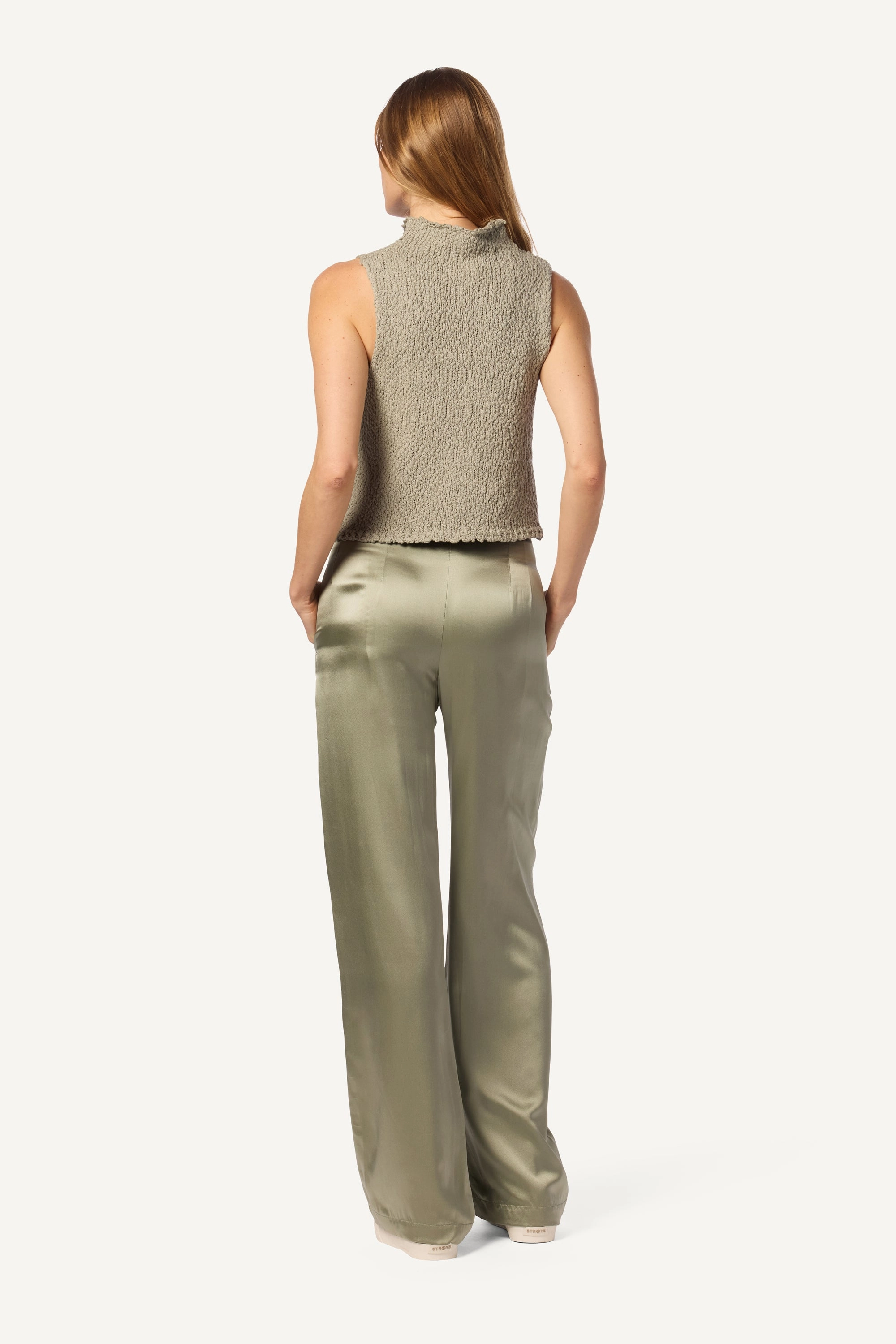 Comfy Fit Layered Panel Design LEELAND FLAT FRONT PLEATED SILK TROUSER | EUCALYPTUS