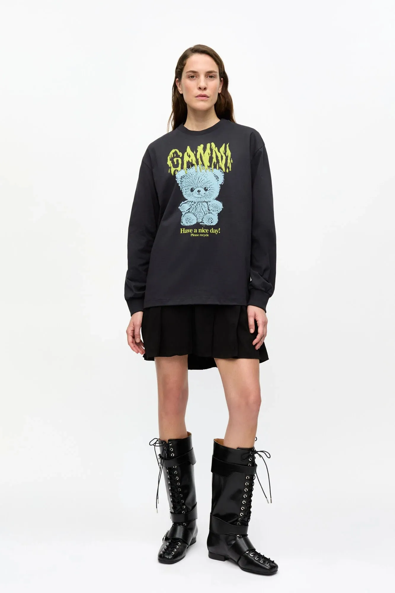 Black Basic Cotton Teddy Long Sleeve T-shirt Sleek Waist Comfy Layer