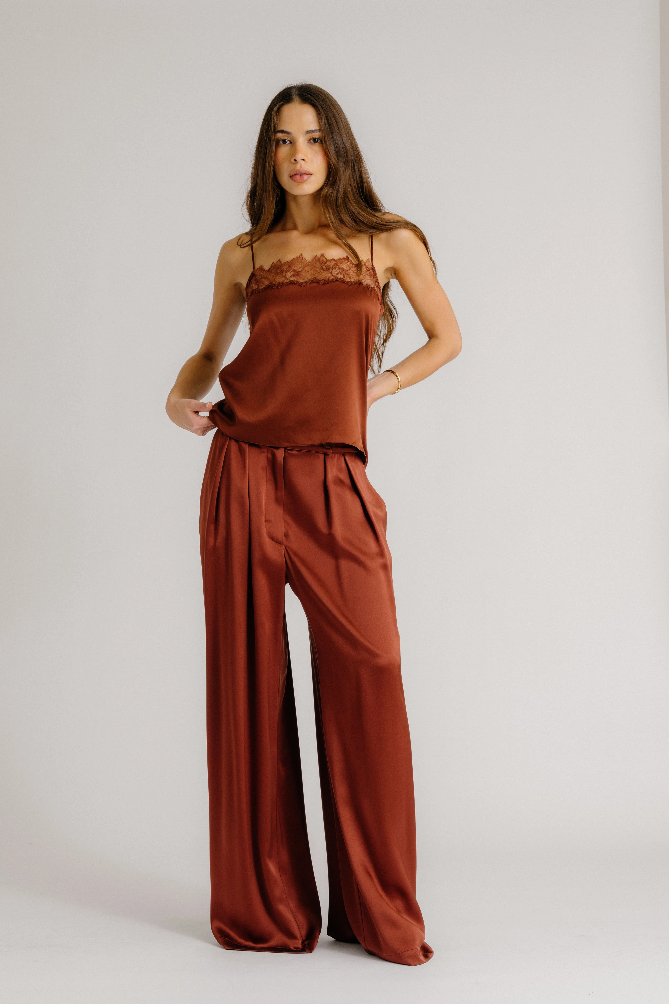 BROOKE HIGH RISE DOUBLE PLEAT SILK TROUSER | MAHOGANY Smart Motion Comfortable fit