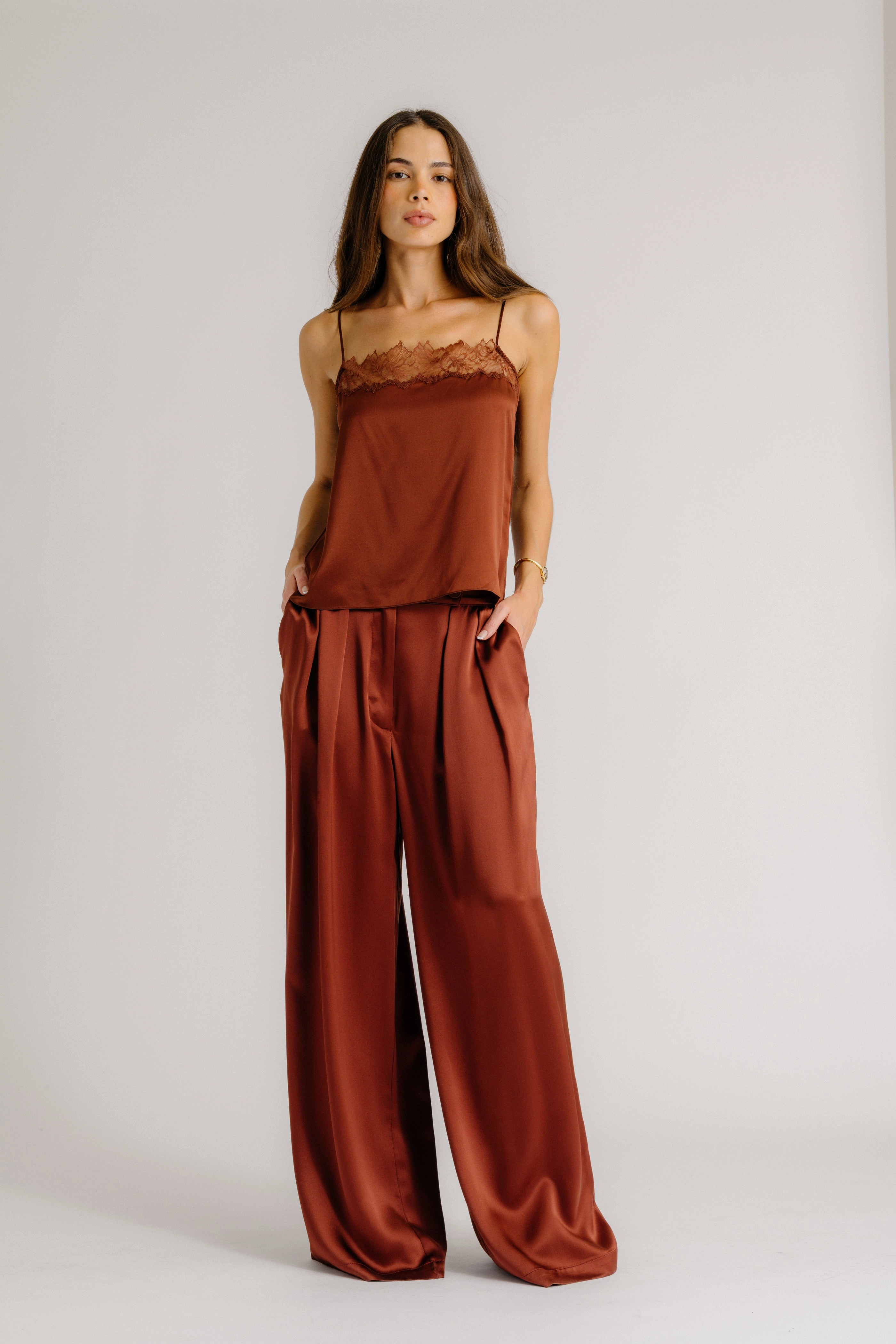 Non Restrictive BROOKE HIGH RISE DOUBLE PLEAT SILK TROUSER | MAHOGANY