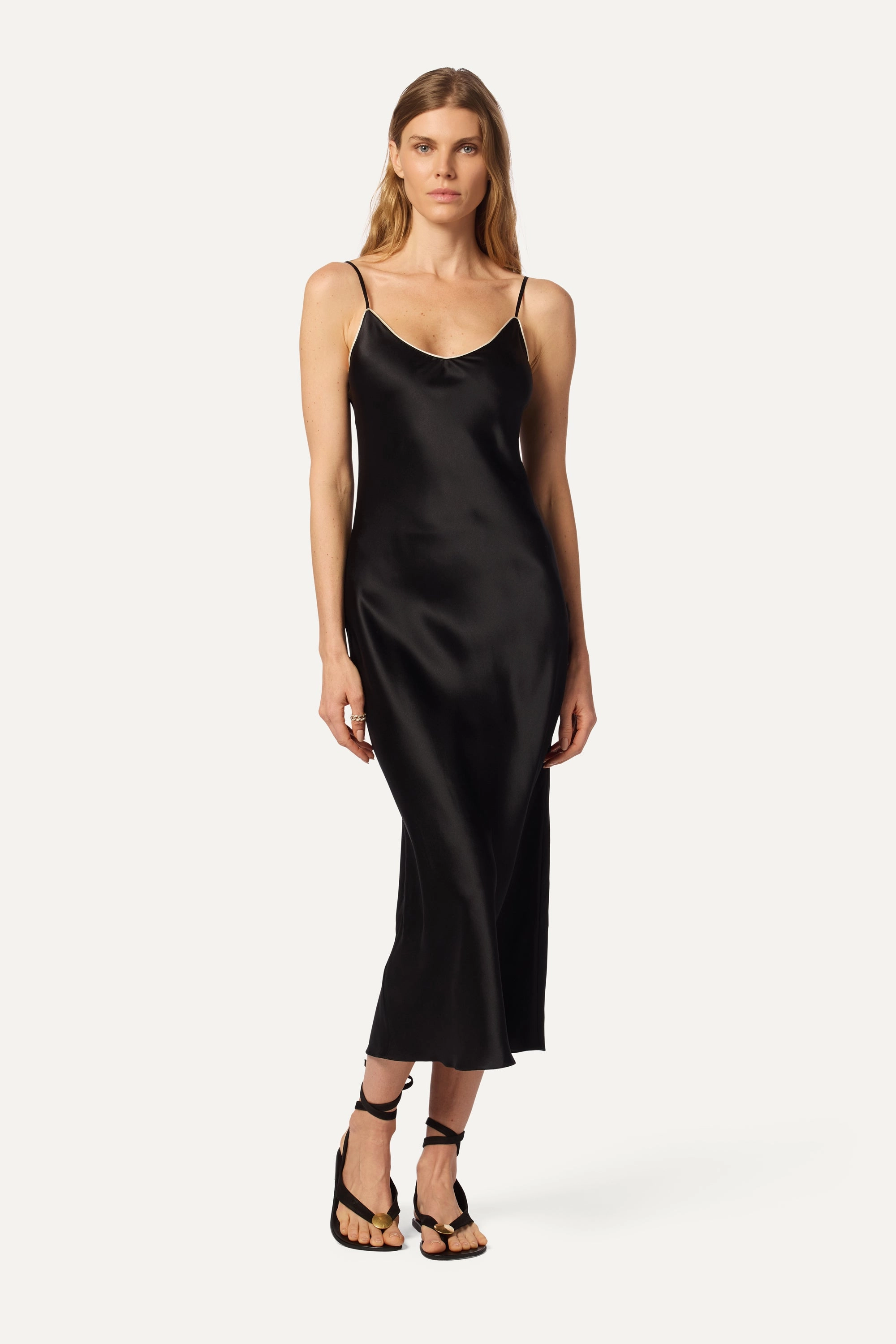 Multipurpose Layered Comfort TAYLOR  SILK DRESS W/ CONTRAST PIPING | BLACK/GARDENIA