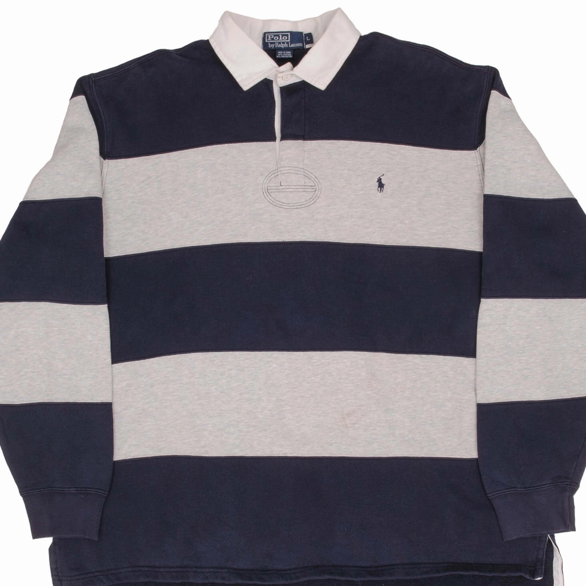 VINTAGE RALPH LAUREN BLUE & GREY STRIPED RUGBY POLO SHIRT 1990S SIZE LARGE Unisex Design
