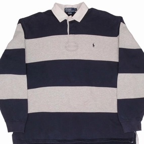 VINTAGE RALPH LAUREN BLUE & GREY STRIPED RUGBY POLO SHIRT 1990S SIZE LARGE Unisex Design