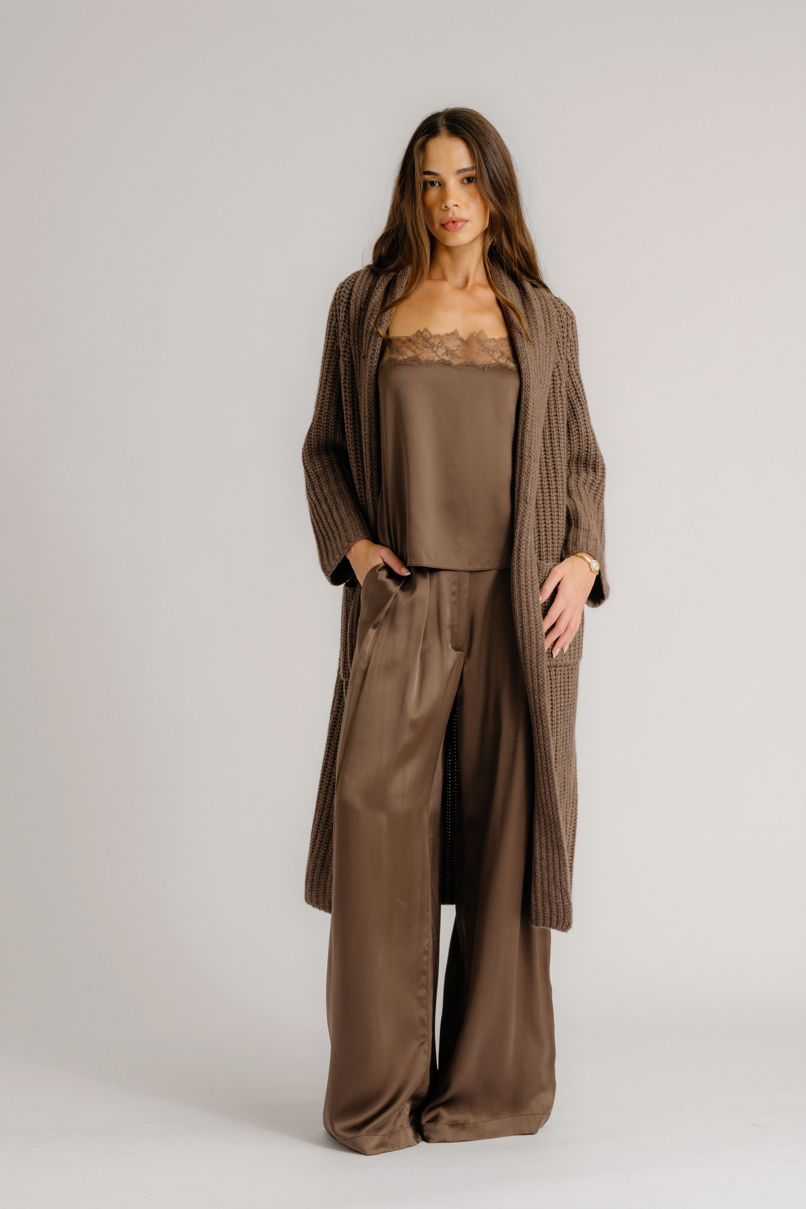 BROOKE HIGH RISE DOUBLE PLEAT SILK TROUSER | SWISS BROWN Comfy Ease Active Design Wear