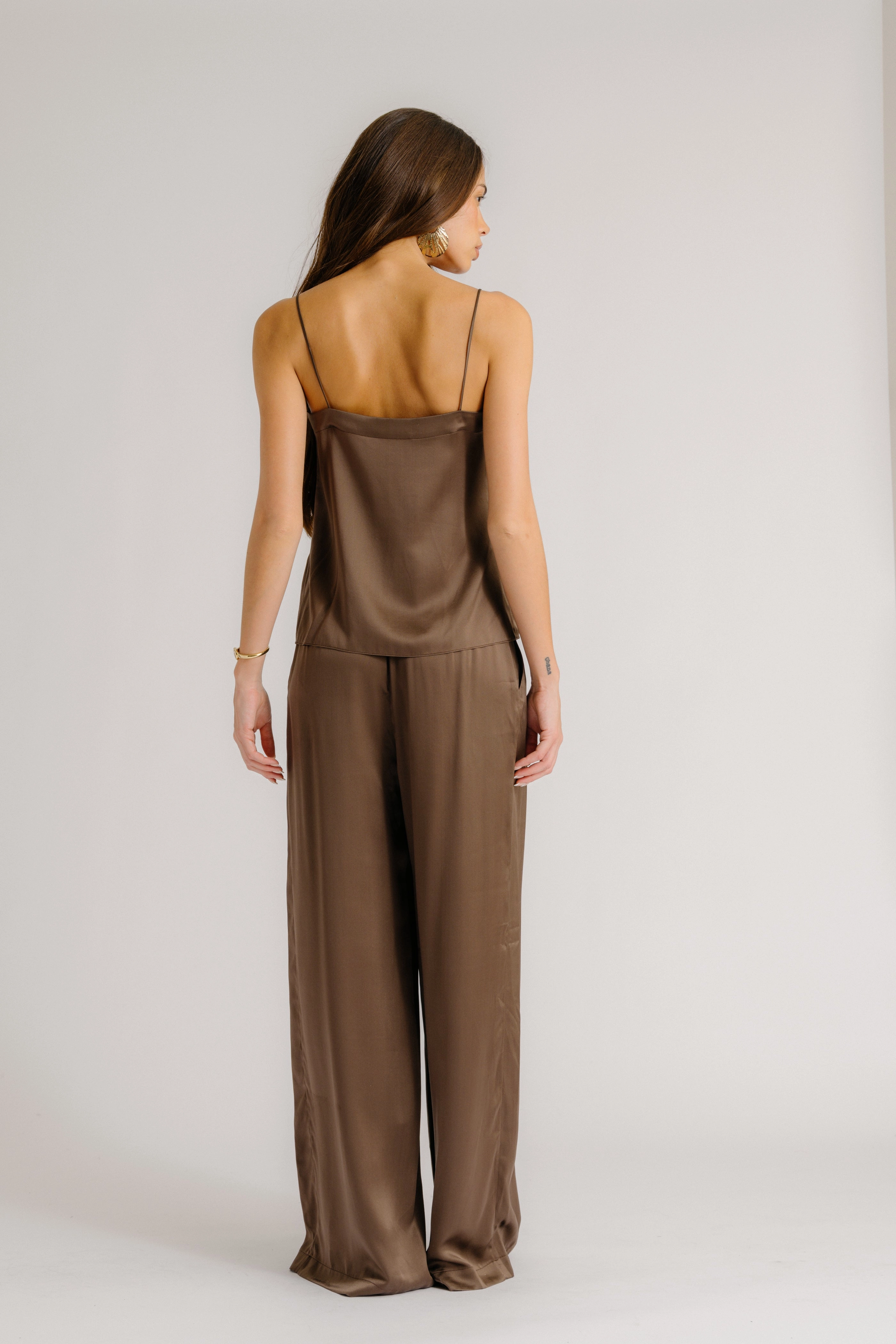 Adjustable Fit BROOKE HIGH RISE DOUBLE PLEAT SILK TROUSER | SWISS BROWN