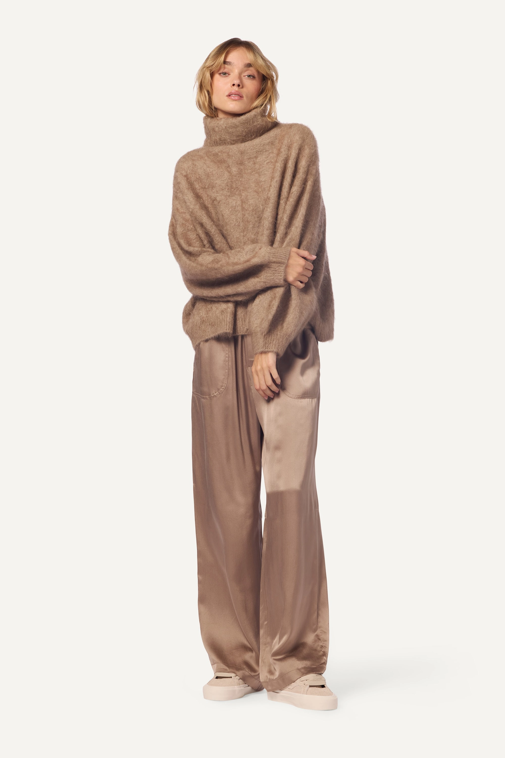 Ultra Soft Merino Blend ASHER SLOUCHY BRUSHED CASHMERE  TURTLENECK  | ECO GRAVEL