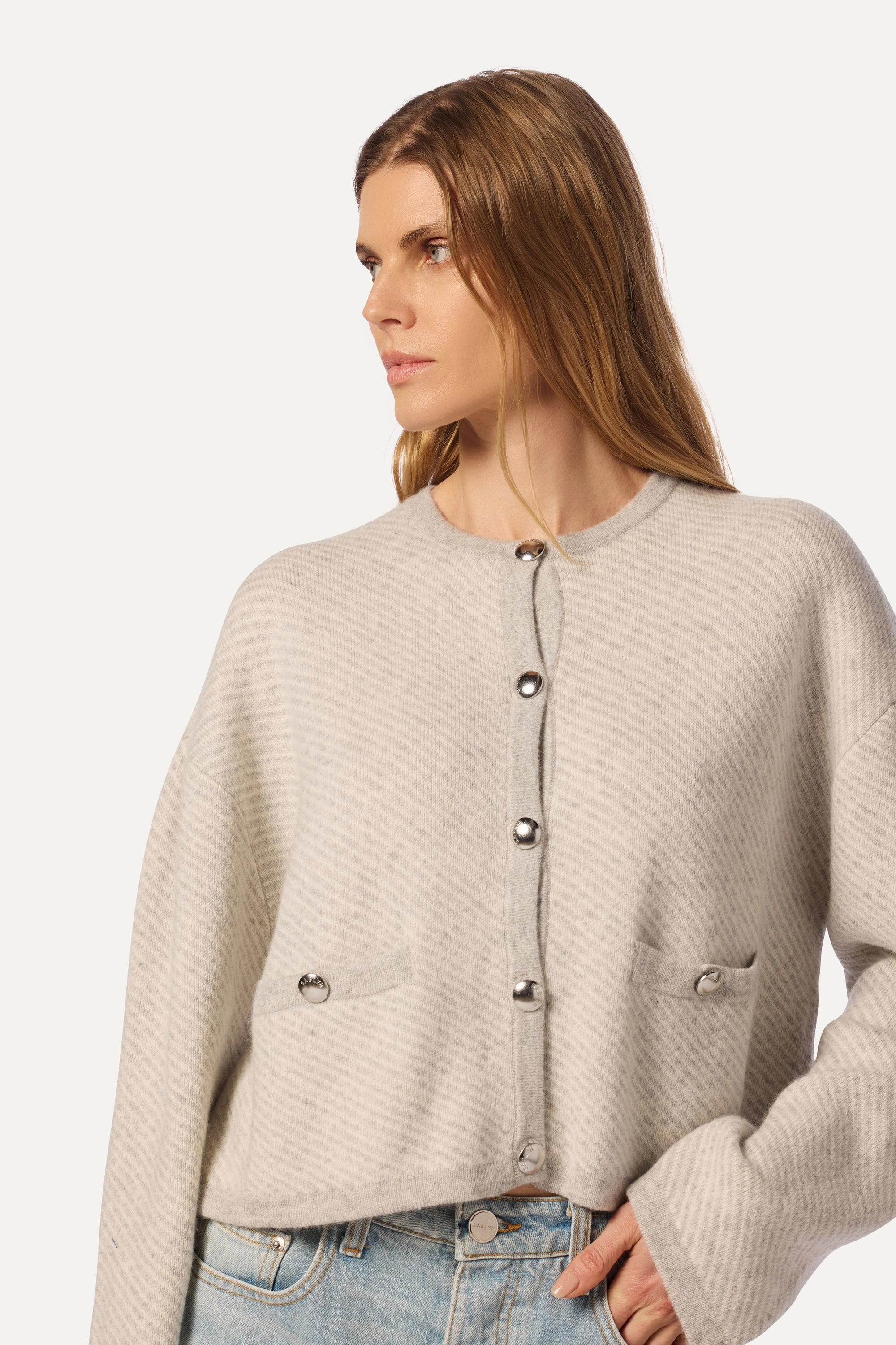 CHARLENE DOUBLE WELT POCKET CASHMERE JACKET | FOGGY/GARDENIA Allow Drop Hood Style