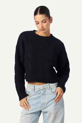 TRISTAN CASHMERE CABLE KNIT SWEATER  PULLOVER | BLACK Active Stretch Fit Effortless Comfort Fit