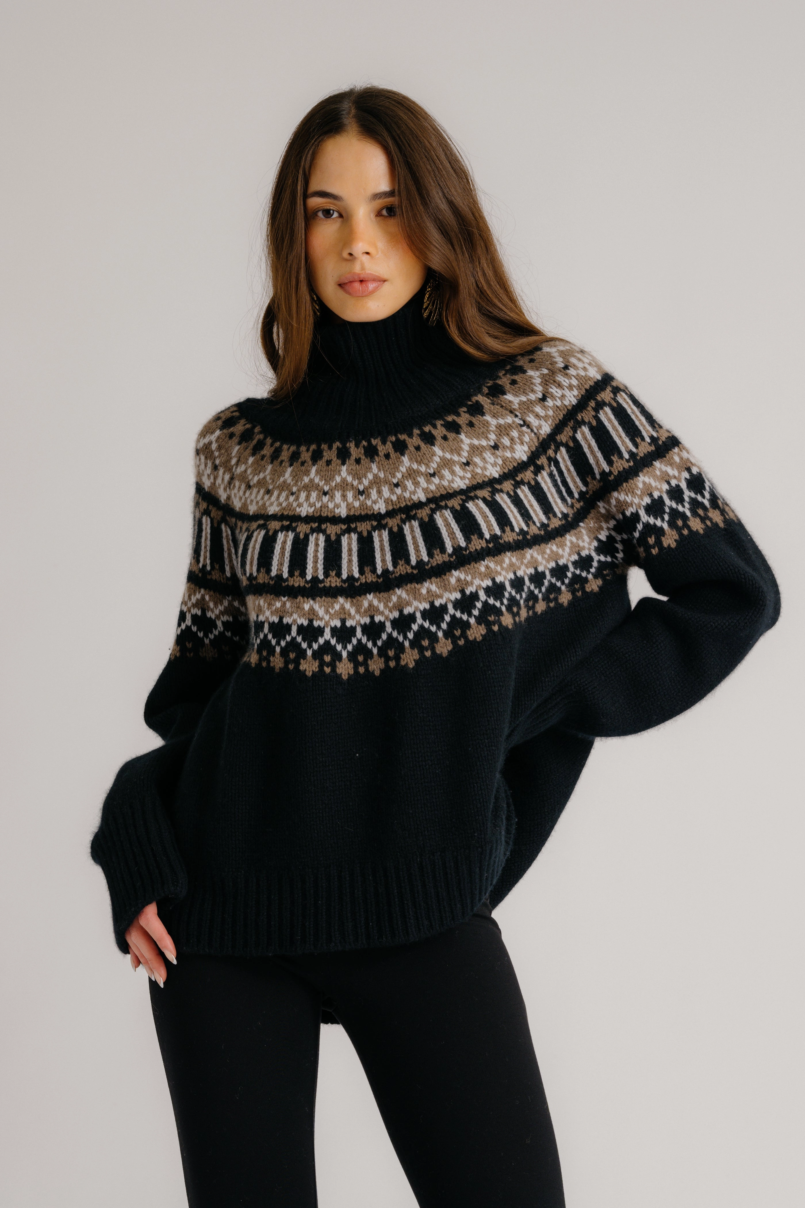 SCOTTIE SLOUCHY FAIR ISLE CASHMERE MOCK NECK  | BLACK FAIR ISLE Sleek Design Timeless Style