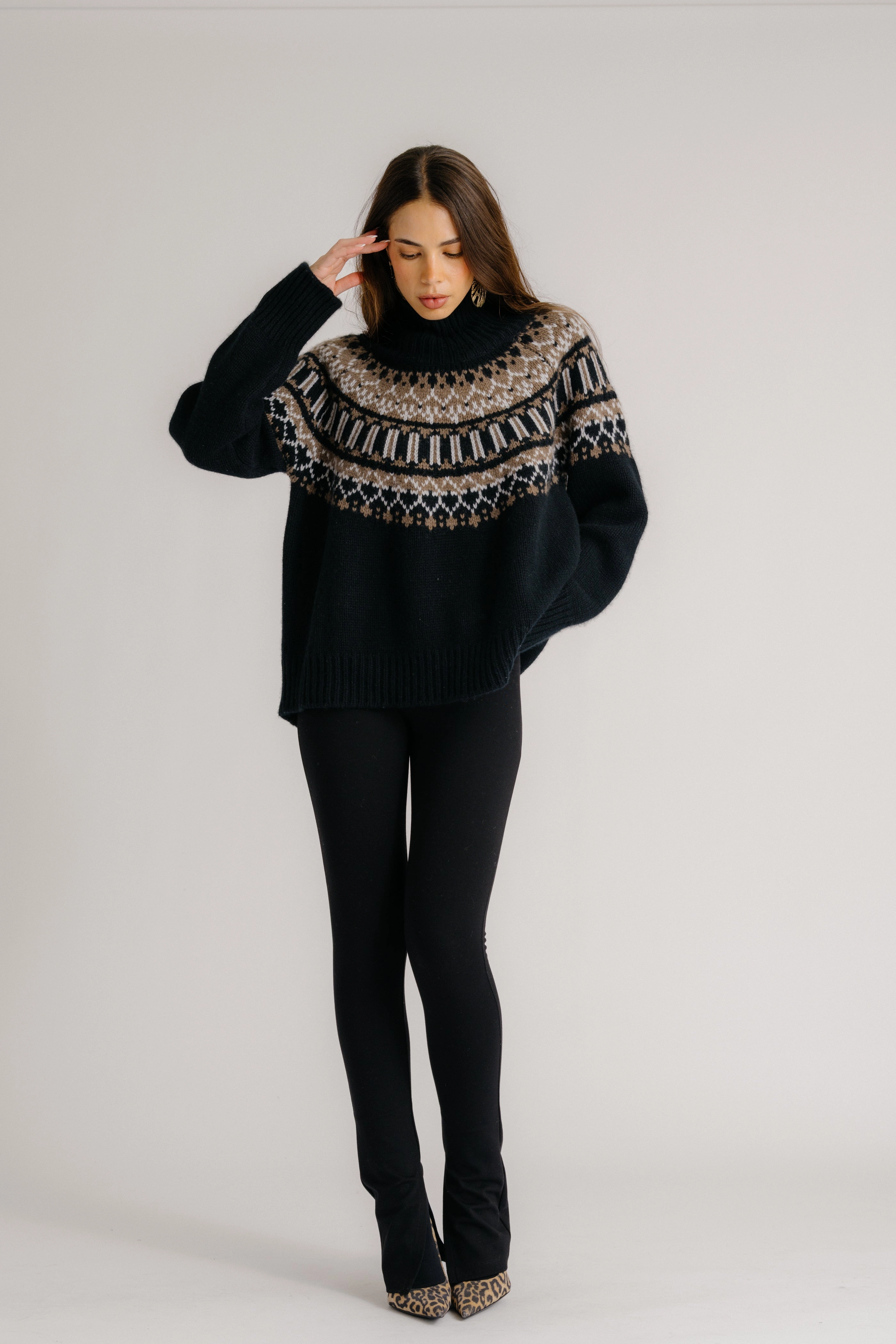 SCOTTIE SLOUCHY FAIR ISLE CASHMERE MOCK NECK  | BLACK FAIR ISLE Versatile Performance Stylish Knit