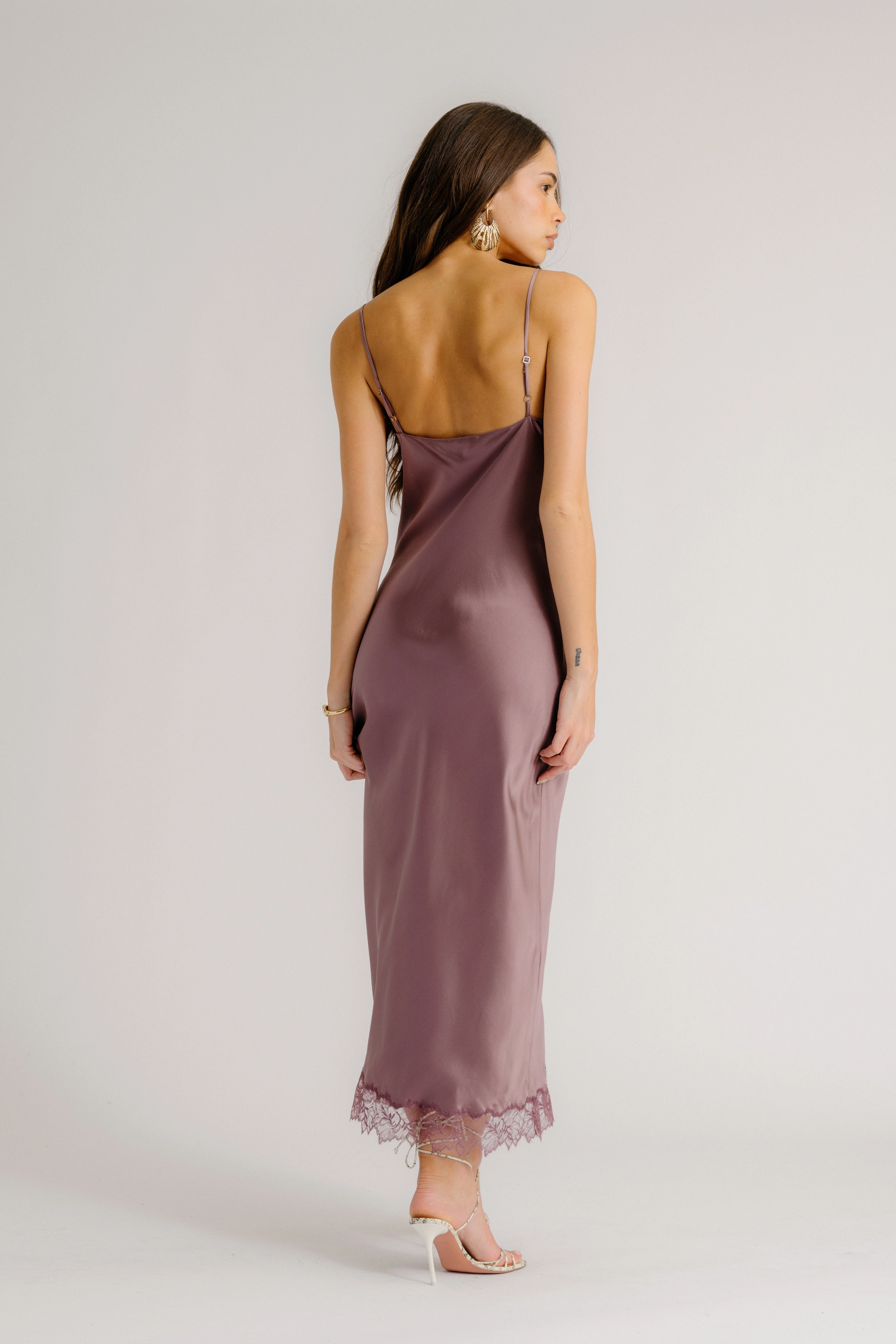 TAYLOR  V-NECK BIAS CUT SILK DRESS W/ LACE | DUSTY VIOLET Fine Texture Soft Motion