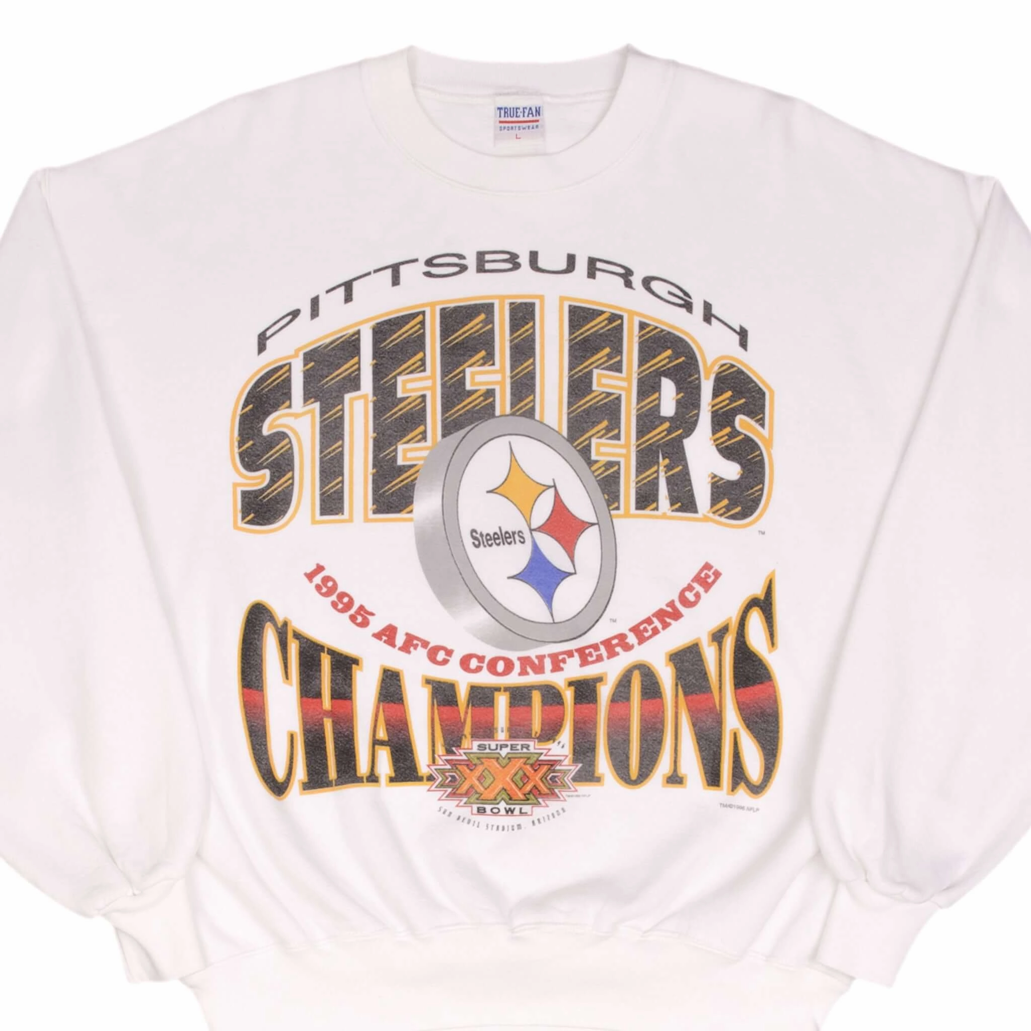 duck cloth VINTAGE NFL PITTSBURGH STEELERS AFC CHAMPIONS 1995 SWEATSHIRT LARGE MADE IN USA