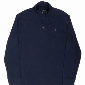 VINTAGE POLO RALPH LAUREN NAVY BLUE QUARTER 1/4 ZIP SWEATER 1990S LARGE Running Gear