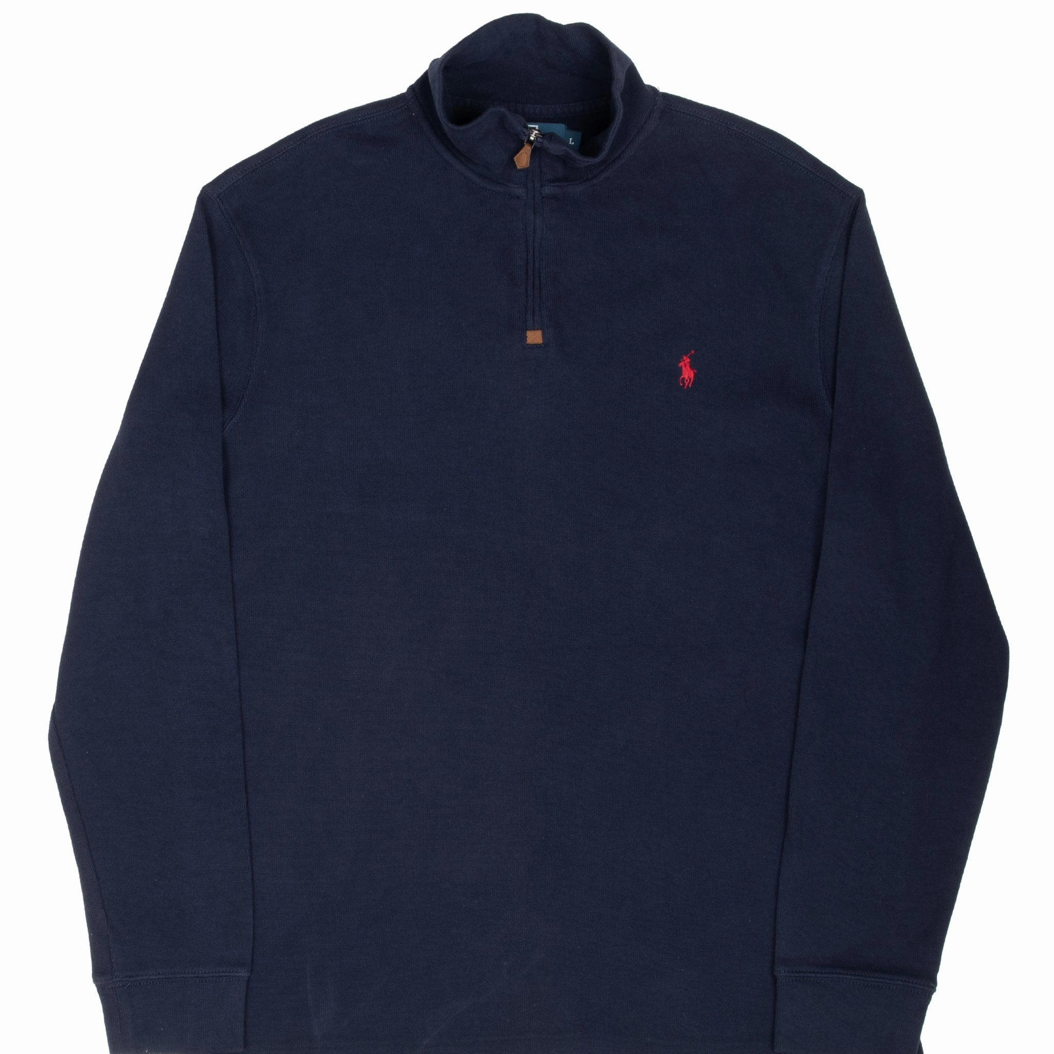 VINTAGE POLO RALPH LAUREN NAVY BLUE QUARTER 1/4 ZIP SWEATER 1990S LARGE Running Gear