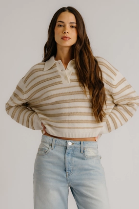 Active Comfort Non Static Fiber Tech ELSIE RELAXED STRIPED CASHMERE POLO | GARDENIA/CAMEL