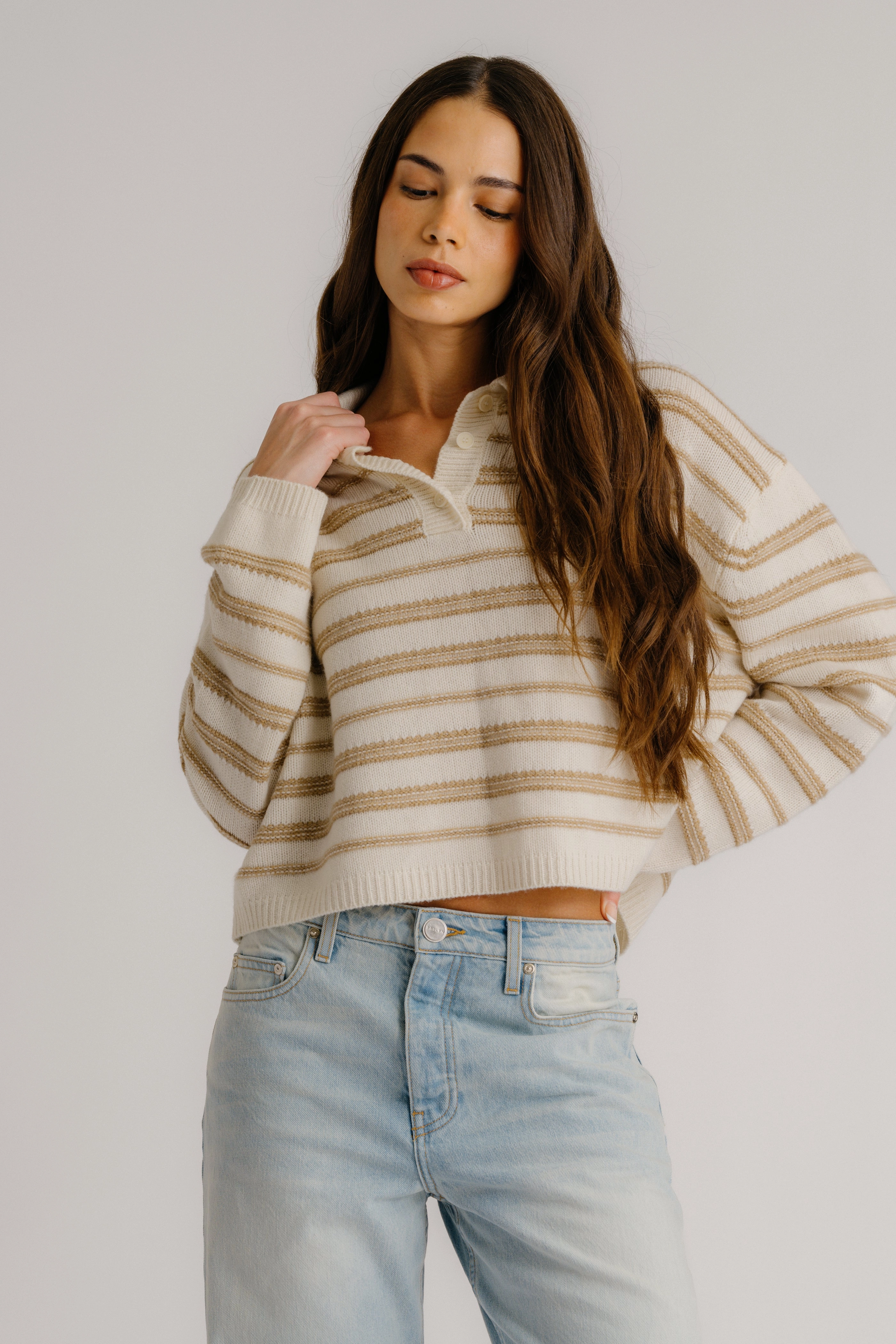 Layering Comfort Perfectly Cozy ELSIE RELAXED STRIPED CASHMERE POLO | GARDENIA/CAMEL