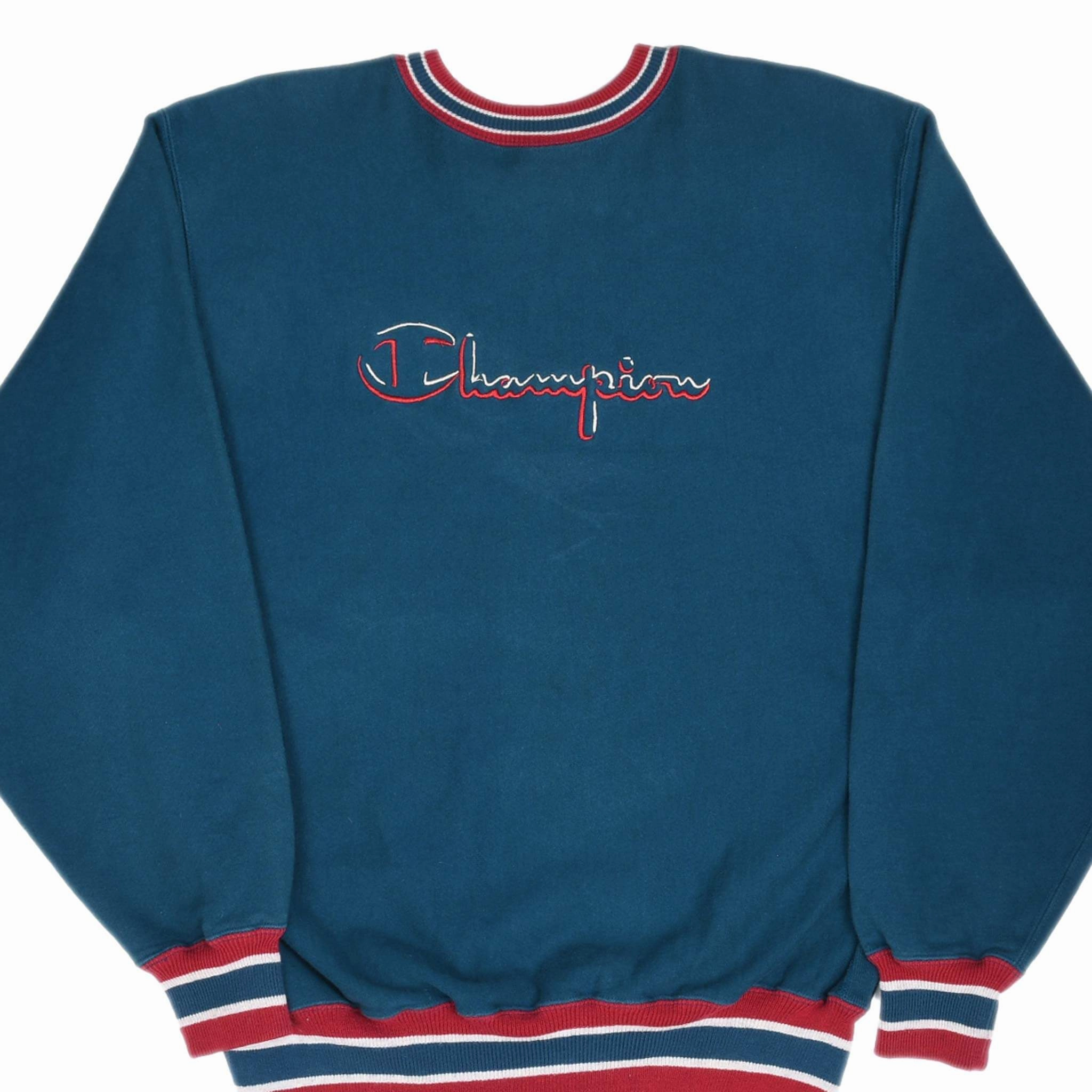 Fresh Chic product date night charm factor VINTAGE CHAMPION REVERSE WEAVE SPELLOUT CYAN SWEATSHIRT 1990S XL MADE IN USA