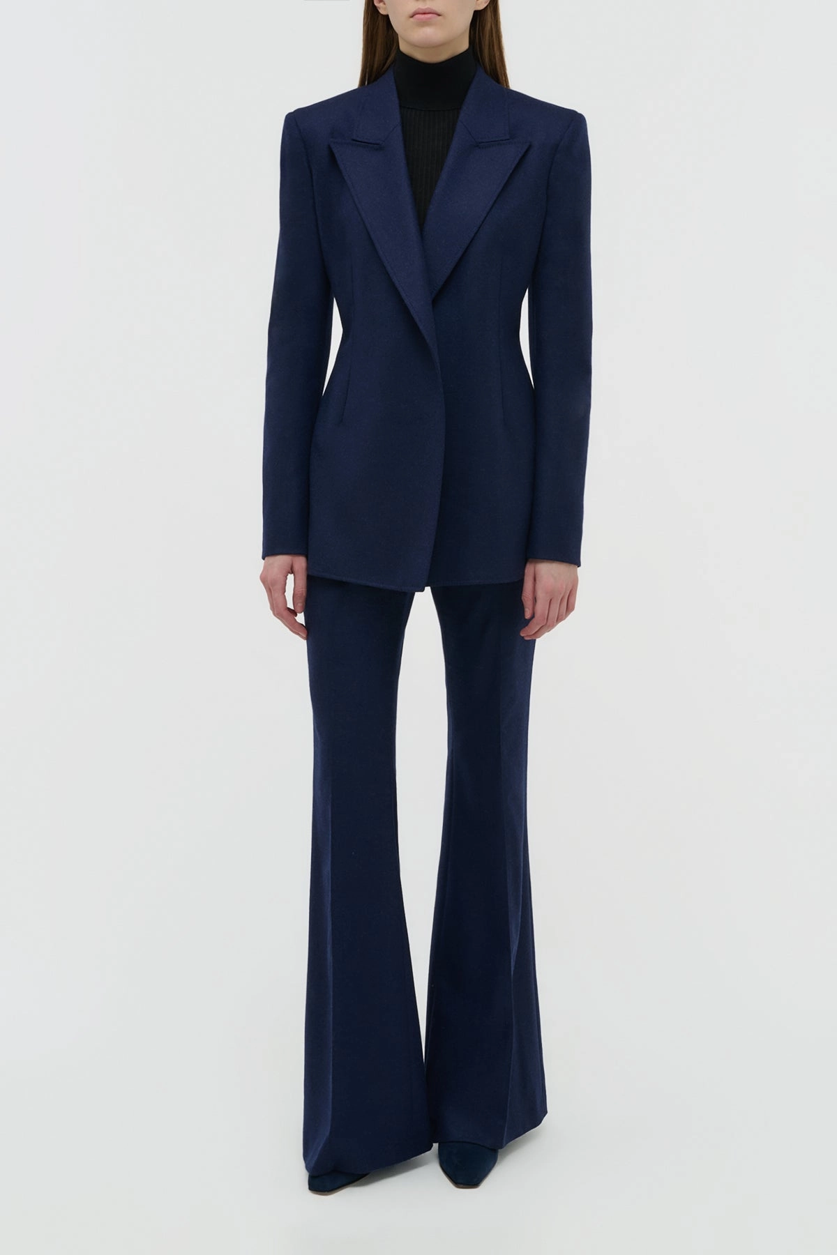 Detachable belt Casual Edge Rhein Flare Pant in Navy Wool Cashmere Flannel