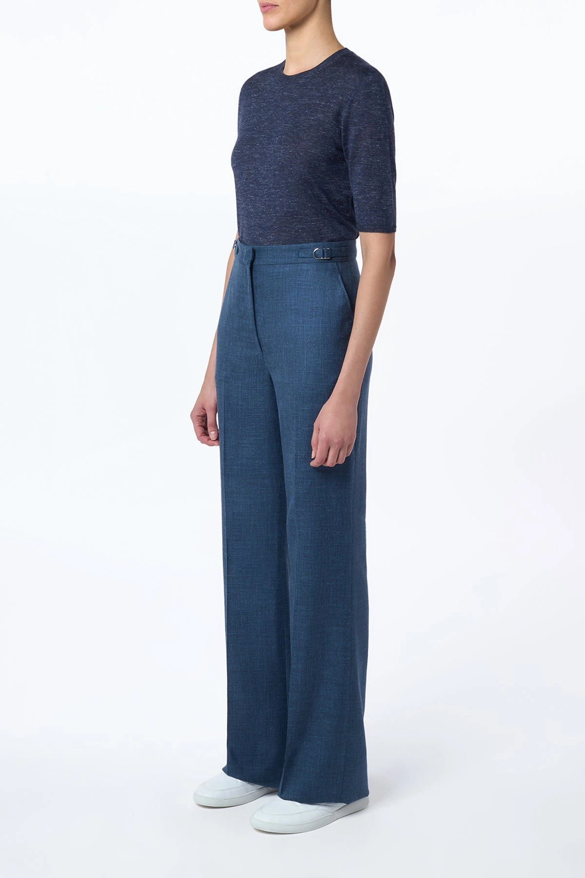 Vesta Flared Pant in Denim Virgin Wool Silk with Linen Softened Hem LightweightComfort