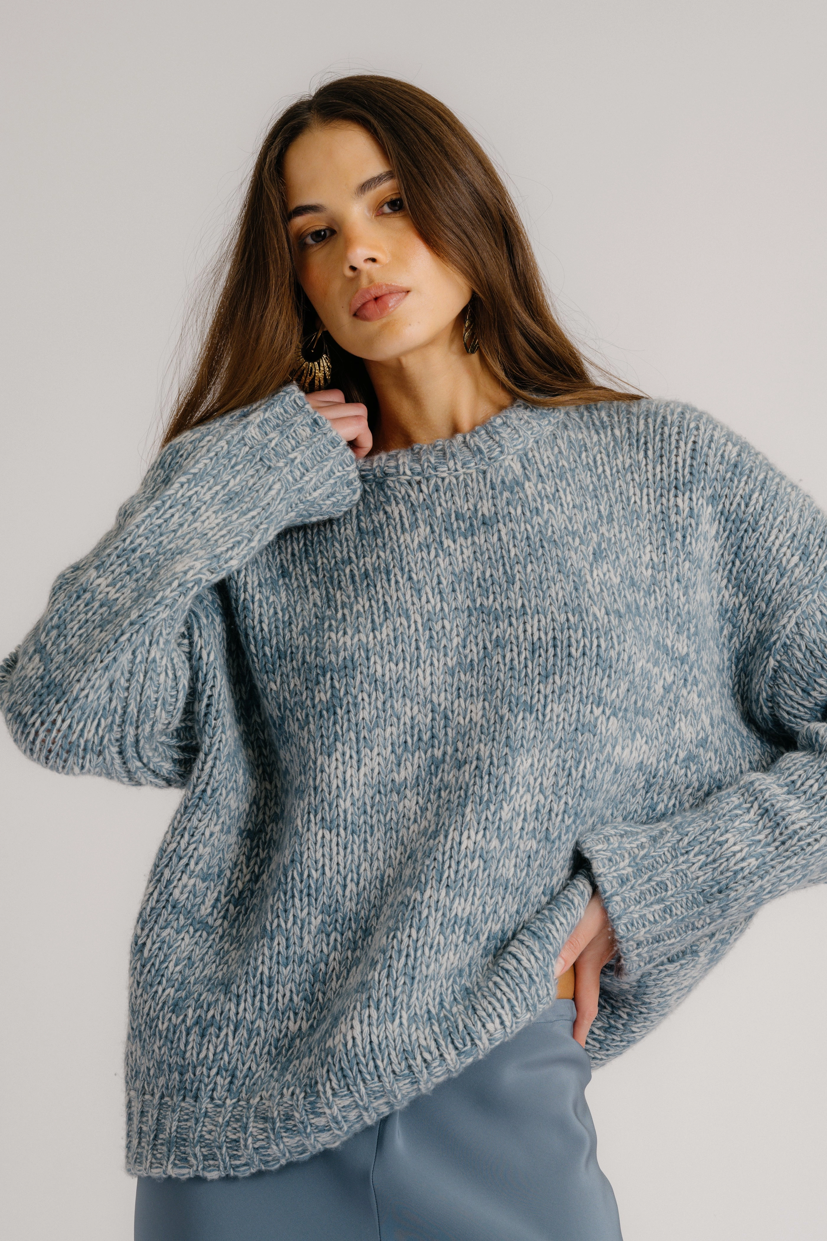 CYPRESS CASHMERE CREWNECK WITH RIB DETAIL | SMOKY BLUE MULTI Easy Care Fabric Hygroscopic Fiber Blend