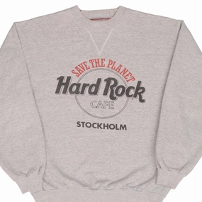 VINTAGE HARD ROCK CAFE STOCKHOLM GREY SWEATSHIRT 1980S SIZE LARGE No pockets Fresh Bold