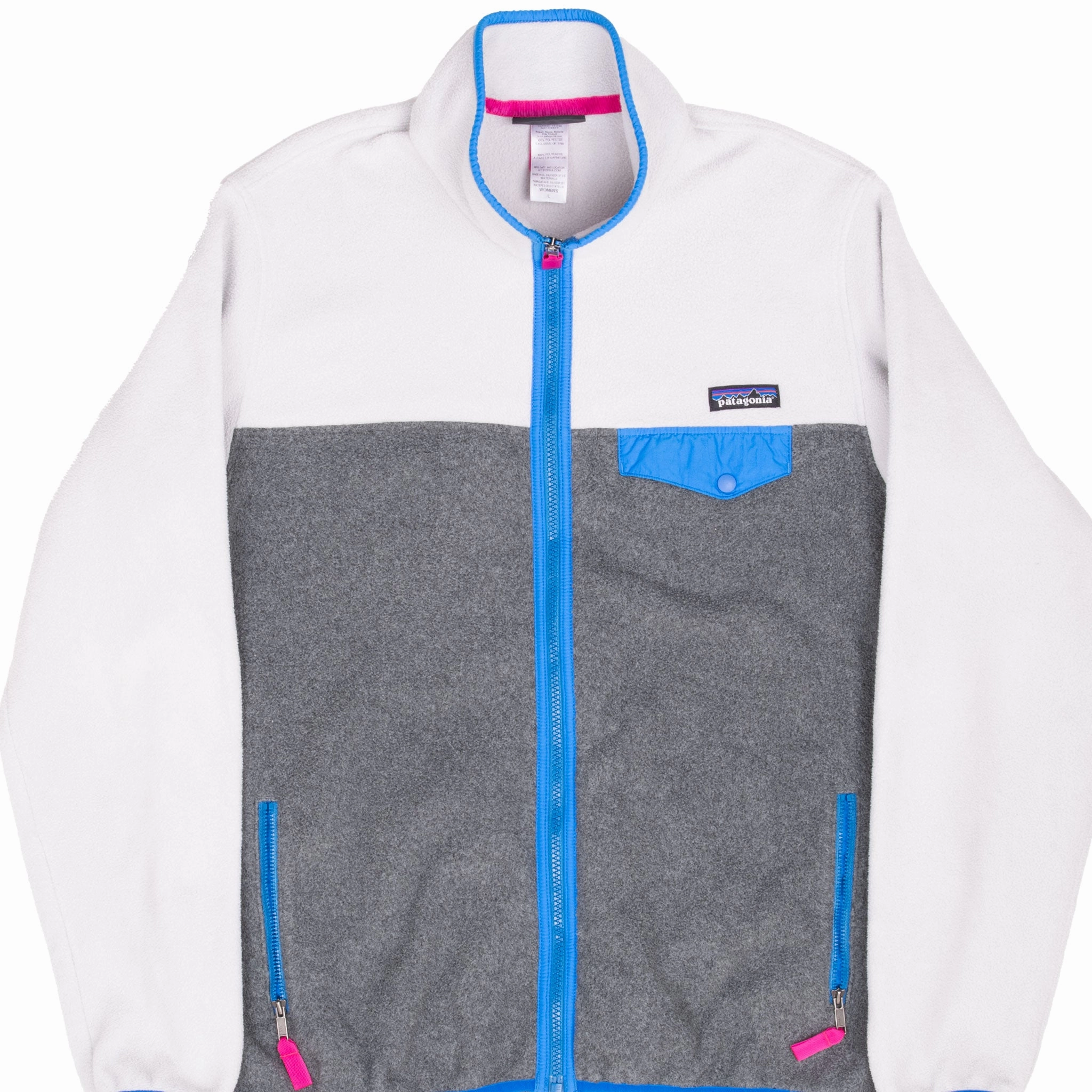Hooded style VINTAGE PATAGONIA SNAP T SYNCHILLA ZIP UP GREY & WHITE WOMAN FLEECE JACKET LARGE