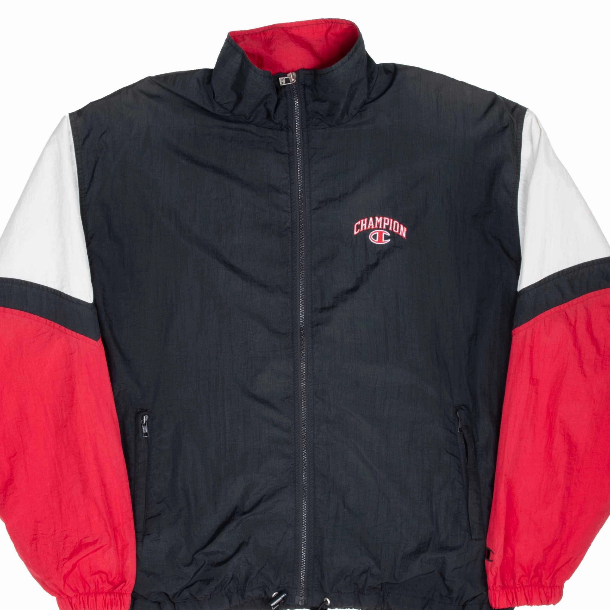 VINTAGE CHAMPION BLACK & RED WINDBREAKER JACKET 1990S XL All Season