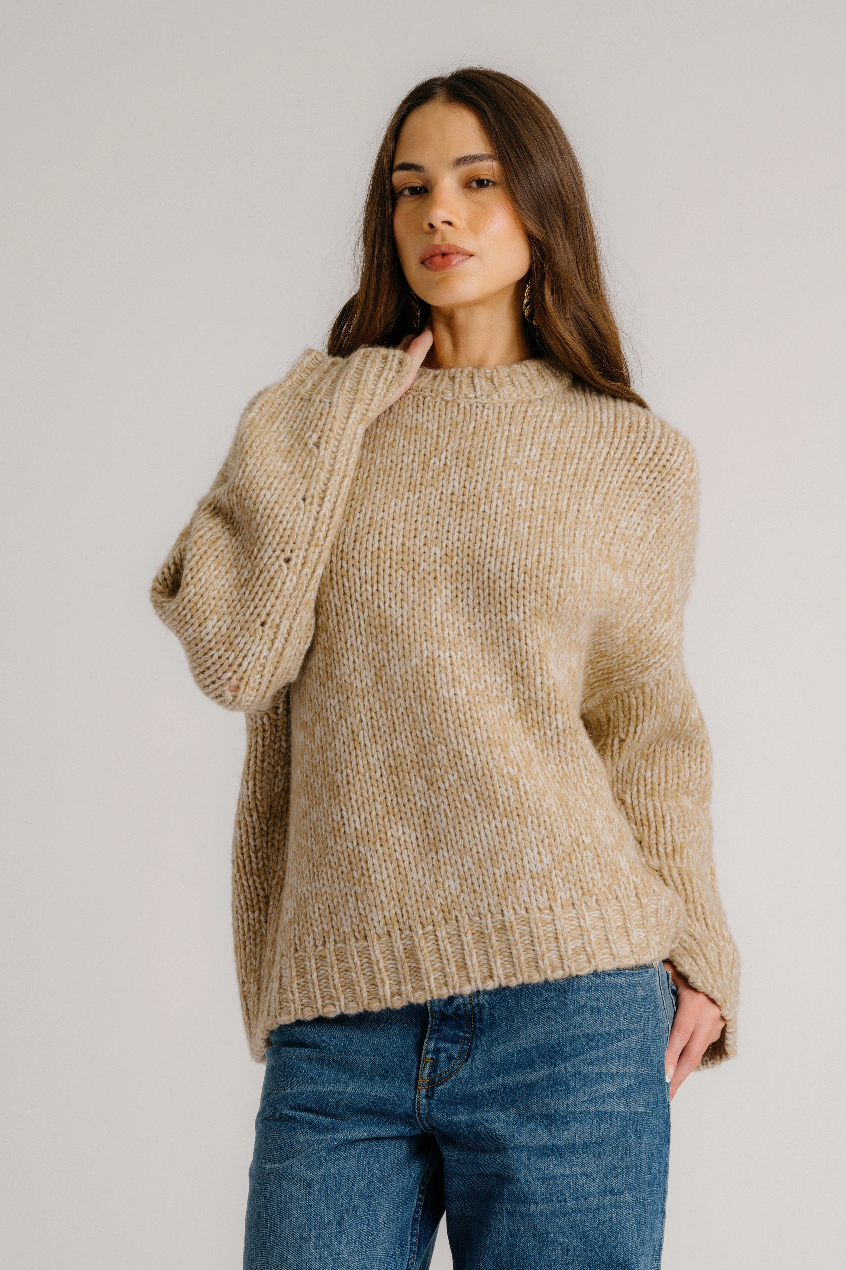 Easy Care Fabric CYPRESS CASHMERE CREWNECK WITH RIB DETAIL | CAMEL MULTI