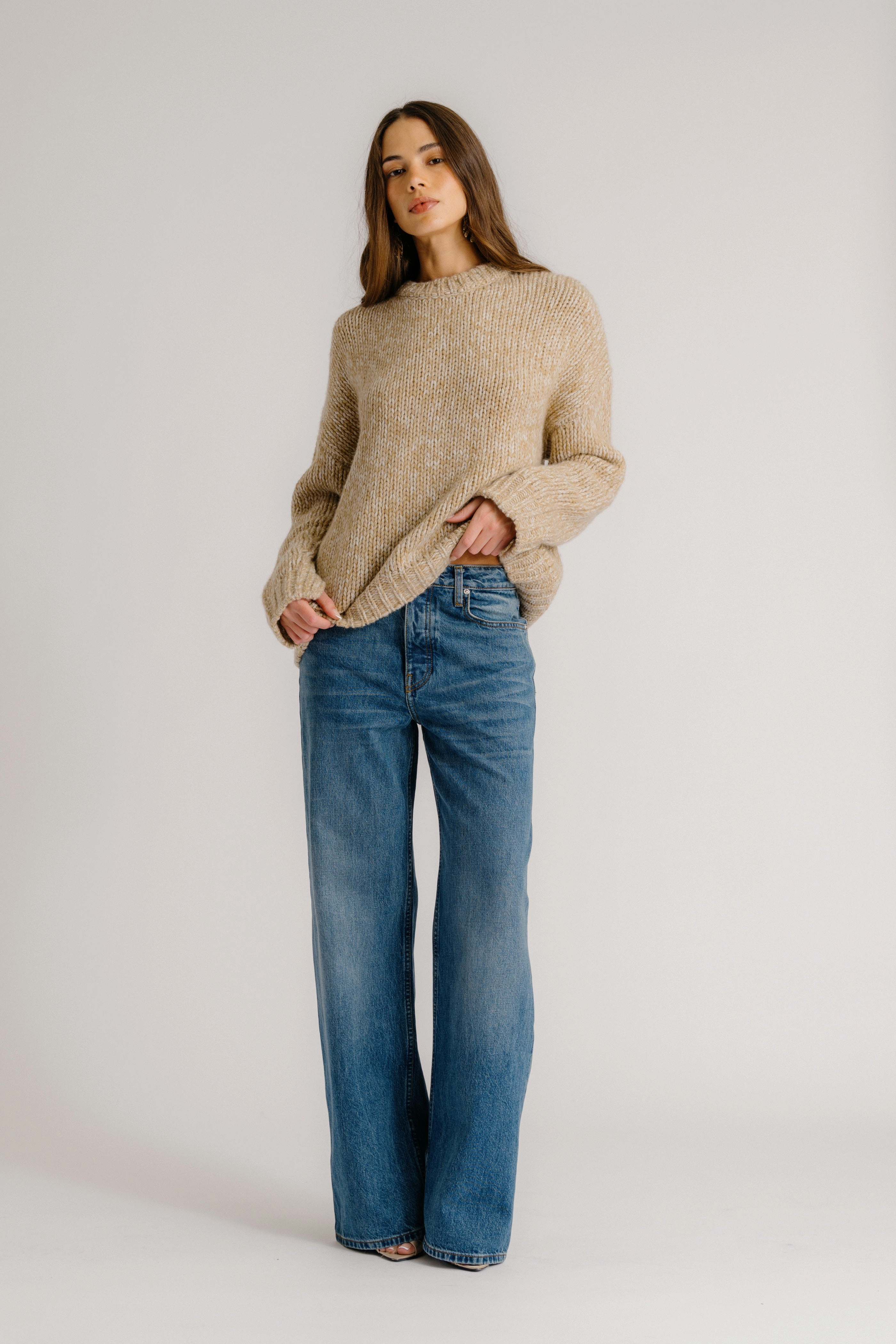 Chic Layering CYPRESS CASHMERE CREWNECK WITH RIB DETAIL | CAMEL MULTI