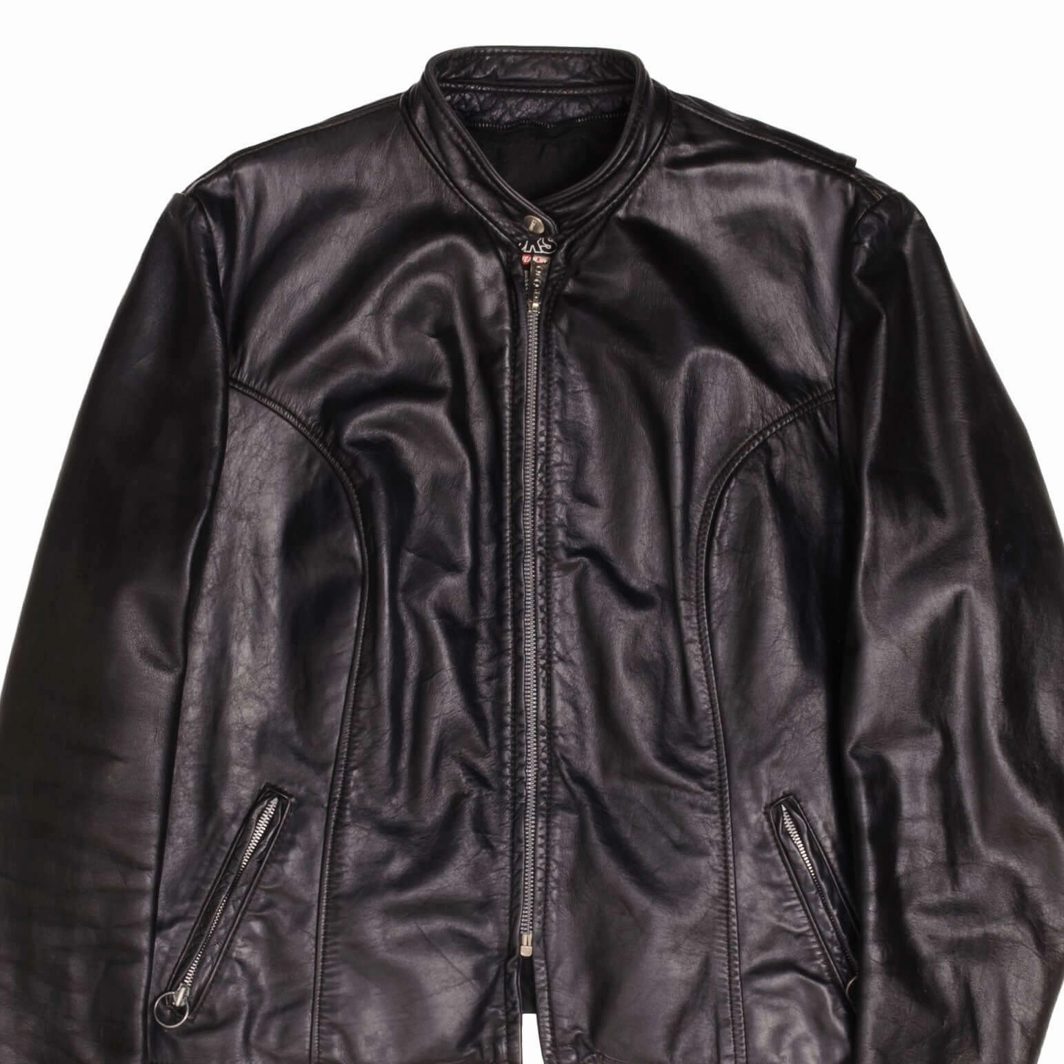 VINTAGE BROOKS BLACK CAFE RACER LEATHER JACKET SIZE 44 MADE IN USA Unisex suitable for summer sports