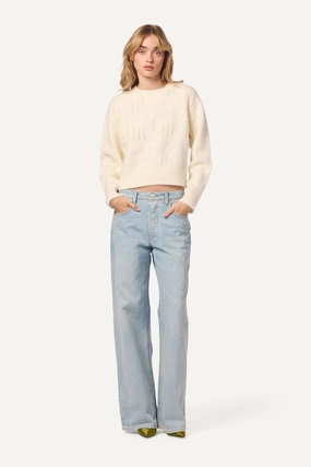 Breathable Performance TRISTAN BRUSHED CASHMERE DETAILED CABLE POINTELLE CREW NECK | GARDENIA