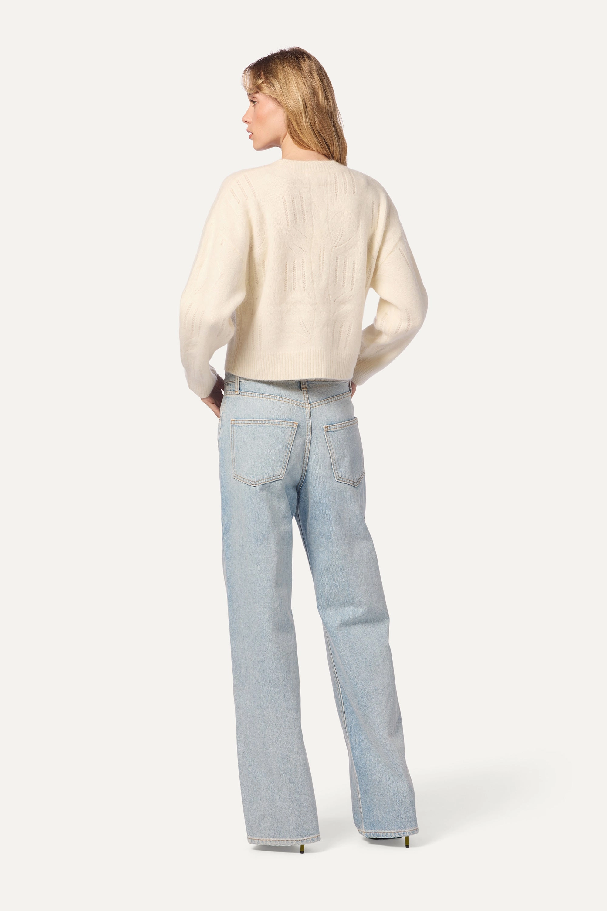 Chill Mode Layered Knitwear TRISTAN BRUSHED CASHMERE DETAILED CABLE POINTELLE CREW NECK | GARDENIA