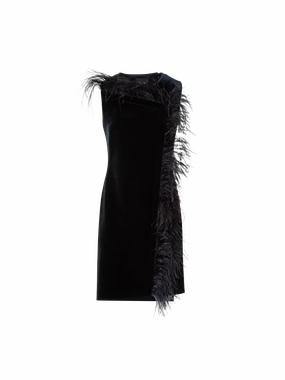 Pearl-Detail Short Velvet Neoprene Dress with Feather Trim