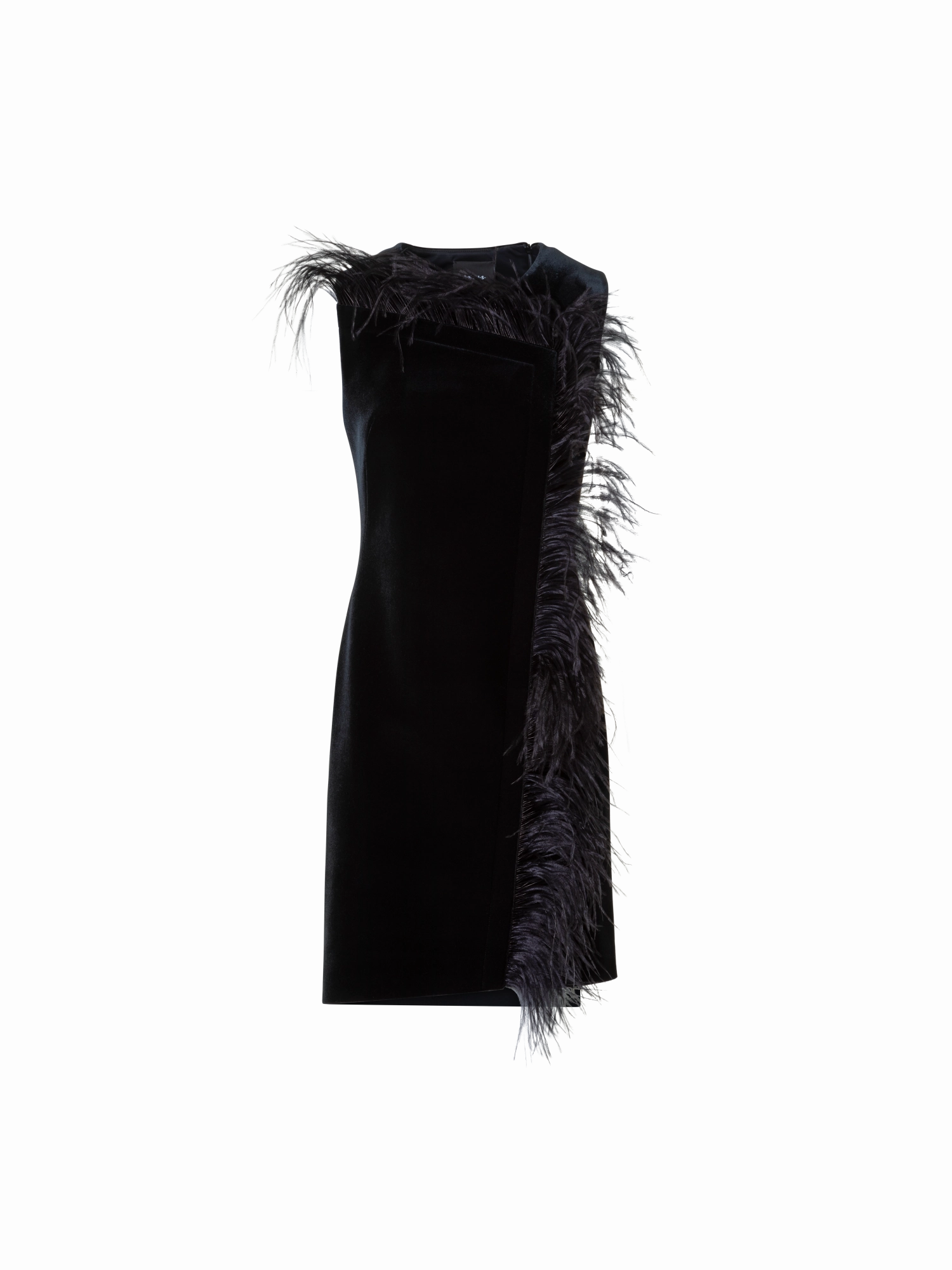 Pearl-Detail Short Velvet Neoprene Dress with Feather Trim