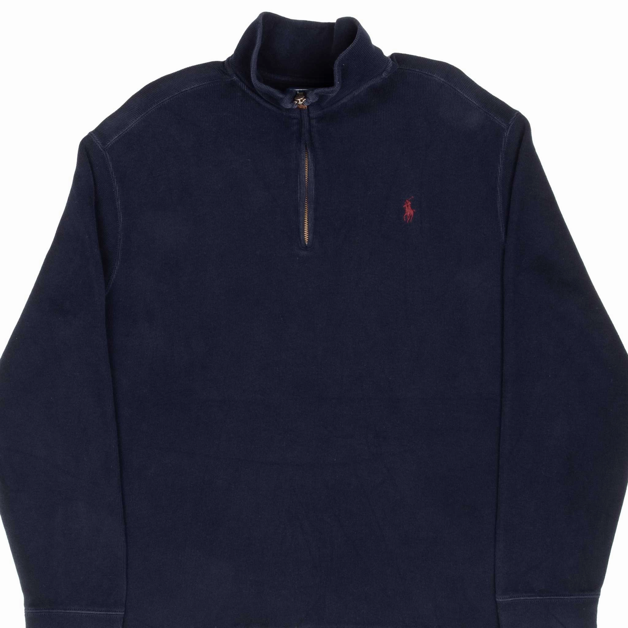 Sporty essentials VINTAGE POLO RALPH LAUREN NAVY BLUE QUARTER 1/4 ZIP SWEATER 1990S LARGE