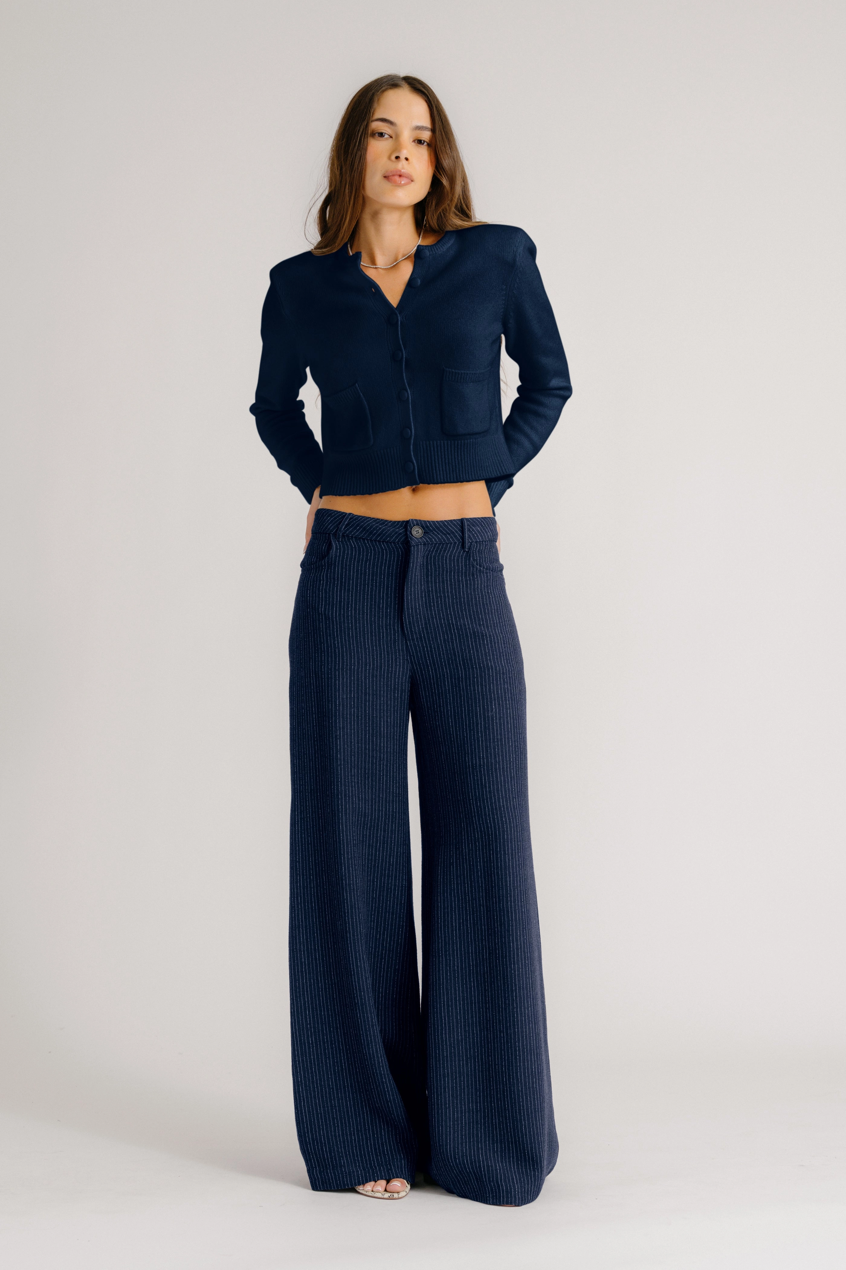 Dynamic Flex Panels Active Performance ADRIANNA PINSTRIPED EXAGGERATED WIDE LEG PANT | MIDNIGHT NAVY