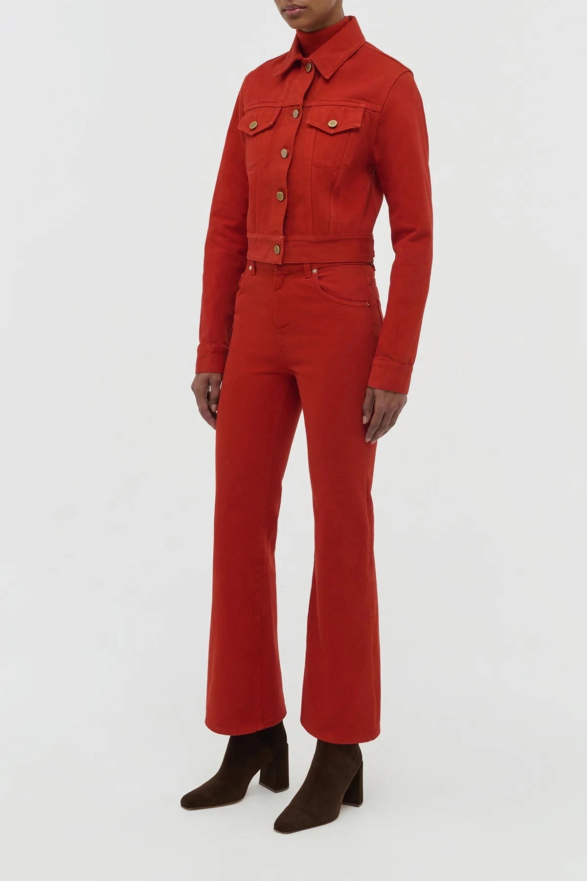 Sporty Cut Stretchy Material Ezra Bootcut Cropped Jean in Antelope Orange Recycled Cotton Denim