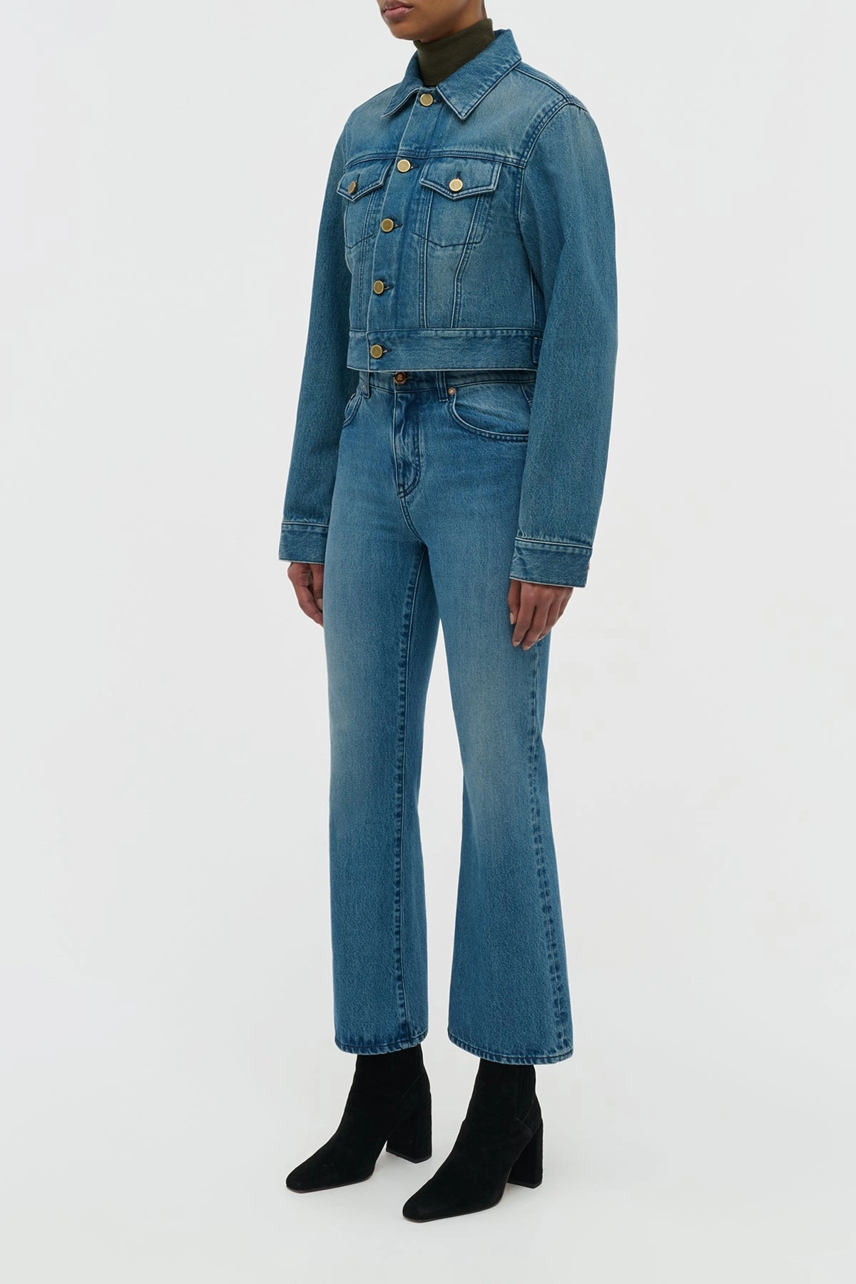 Ezra Bootcut Cropped Jean in Uruguayan Blue Recycled Cotton Denim All Day Wear StretchFabric