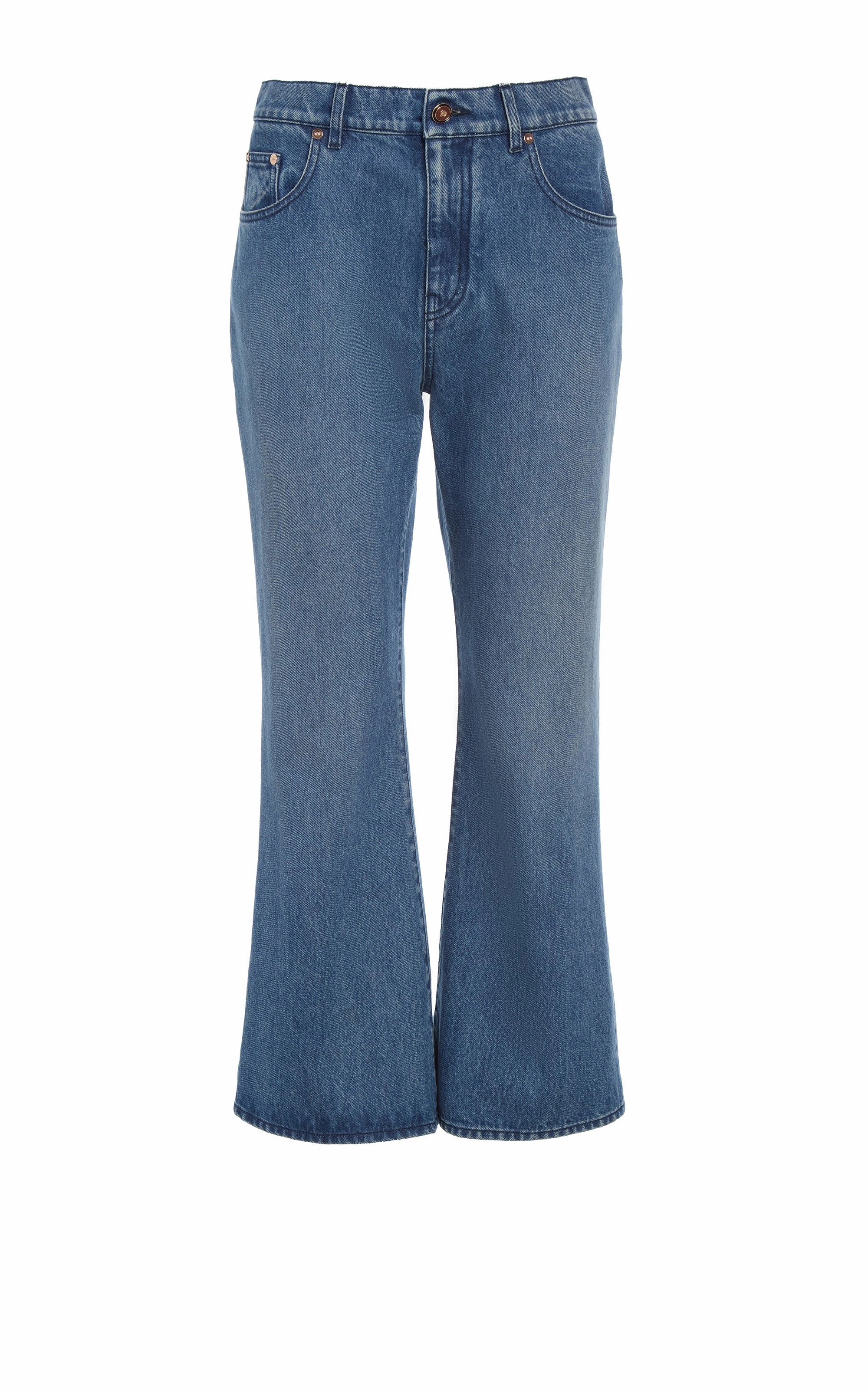 Ezra Bootcut Cropped Jean in Uruguayan Blue Recycled Cotton Denim Anti Pilling Fabric Core Basic