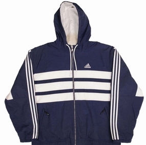 VINTAGE ADIDAS NAVY BLUE NYLON WINDBREAKER HOODED JACKET 1990S SIZE LARGE Bonded Shoulder Guards Rainproof Wear