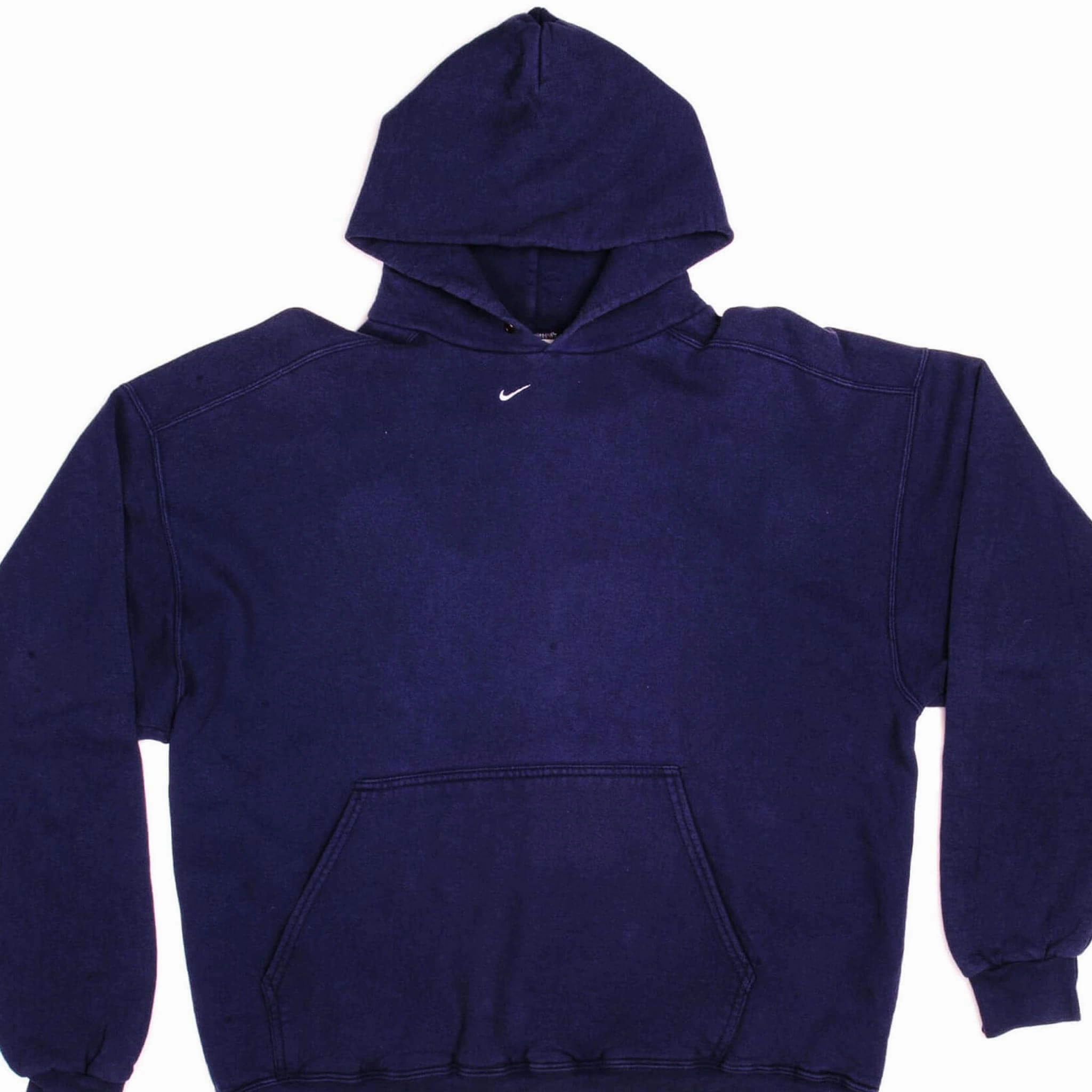 Cold Weather Look VINTAGE NIKE BLUE CENTER SWOOSH HOODIE SWEATSHIRT 1990S LARGE MADE IN USA