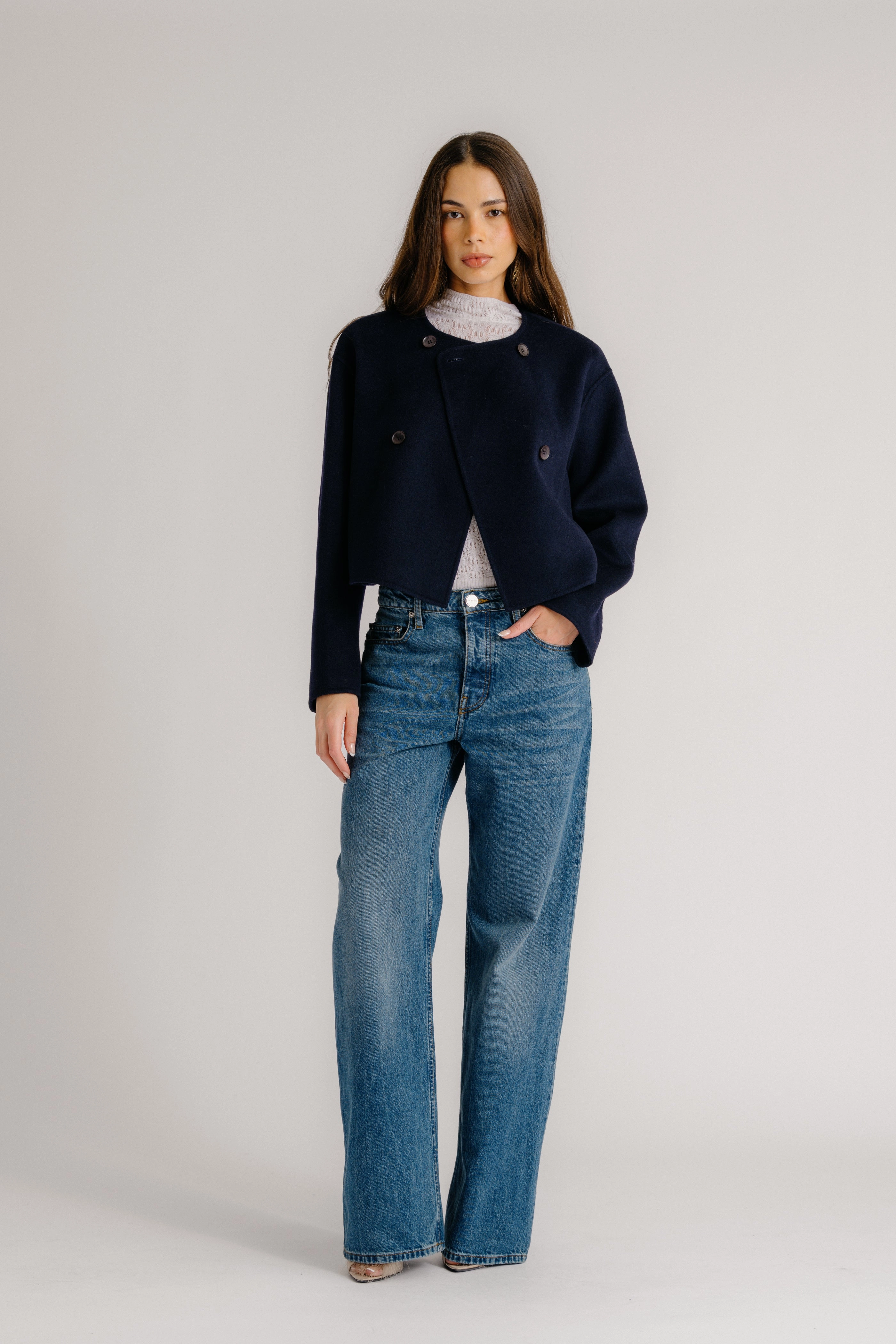 Bracelet Ribbed Cuffs FLOREN CROPPED DOUBLE BREASTED COAT | MIDNIGHT NAVY