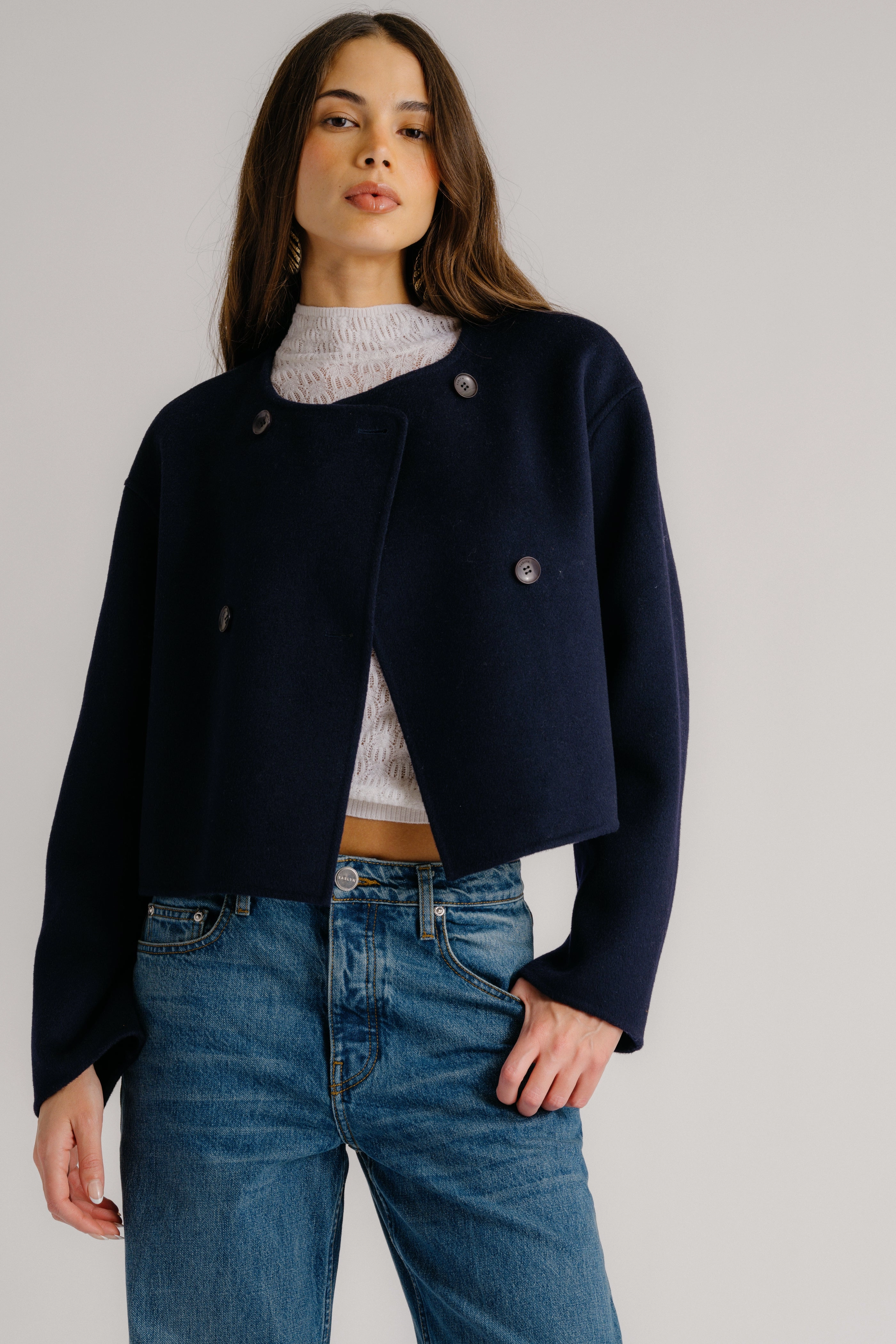 Debate Job FLOREN CROPPED DOUBLE BREASTED COAT | MIDNIGHT NAVY