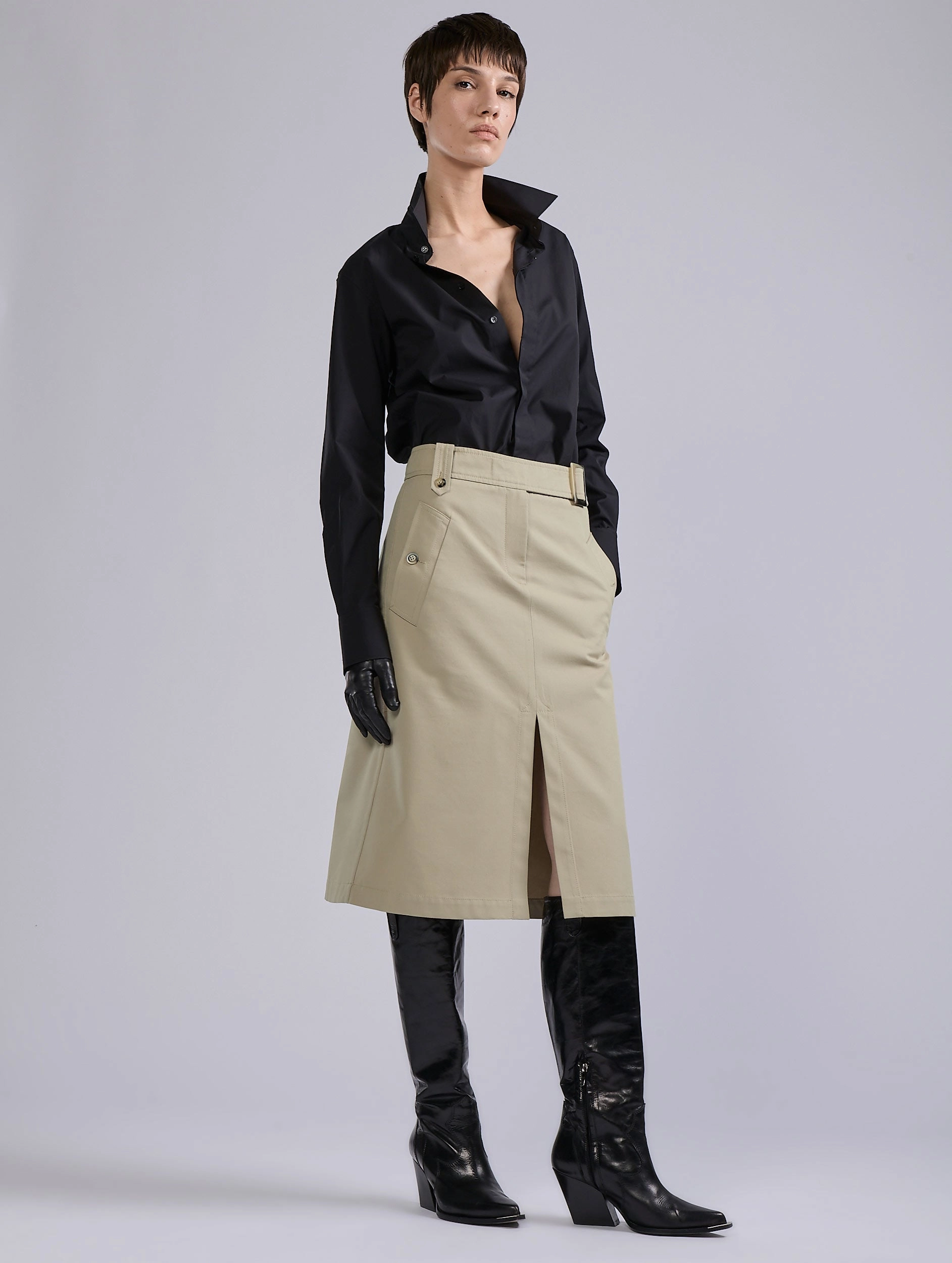 Jupe trap??ze en gabardine de laine et coton sable Romance Glow Cool Fabric