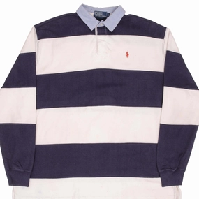 VINTAGE RALPH LAUREN BLUE & WHITE STRIPED RUGBY POLO SHIRT 1990S SIZE XL Fashionable Look Zip Closure