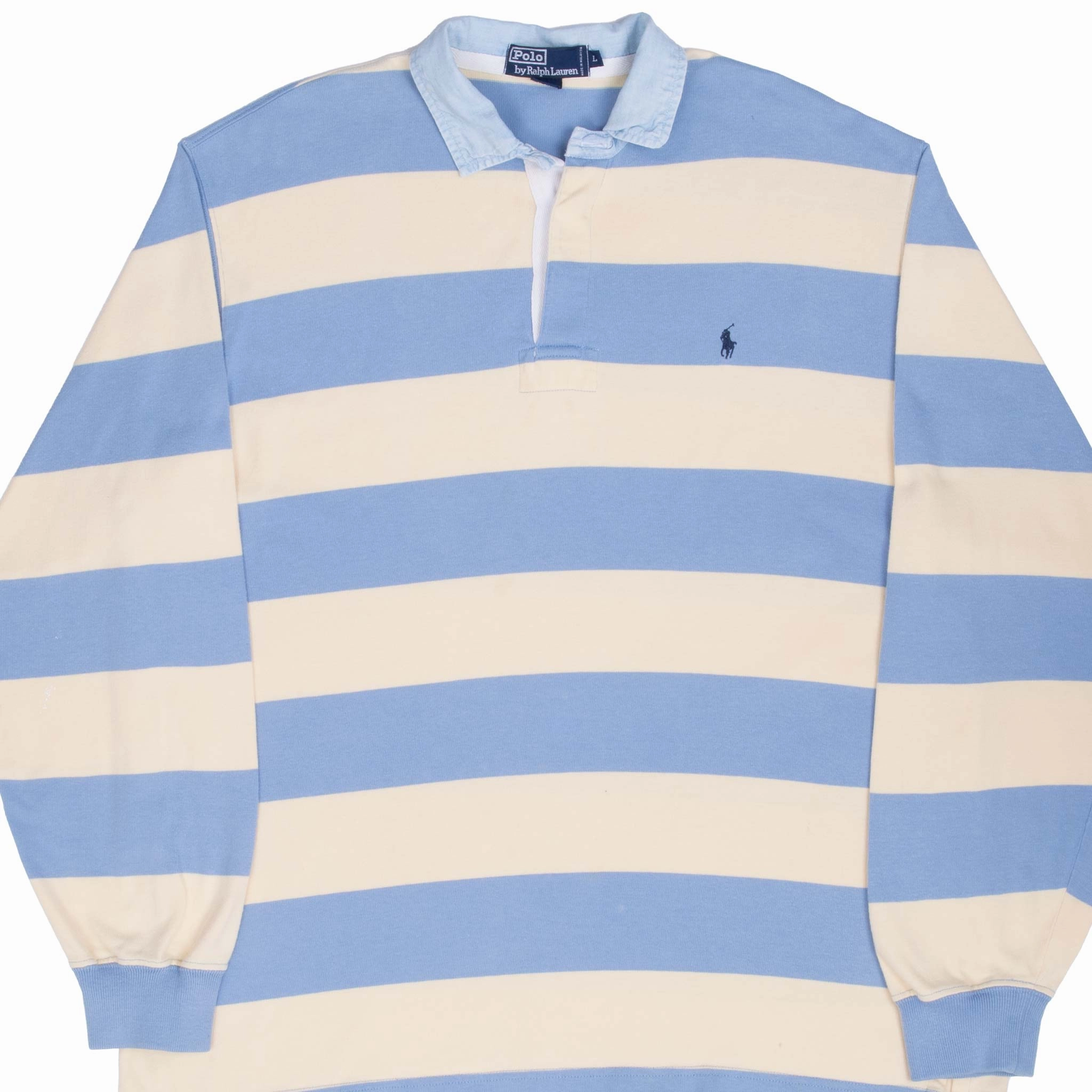 Street Essential VINTAGE RALPH LAUREN BLUE & YELLOW STRIPED RUGBY POLO SHIRT 1990S LARGE