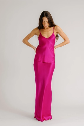 GRACE SCALLOP TRIM BIAS CUT MAXI SILK SKIRT | MAGENTA Curvy Fit Cozy Vibes